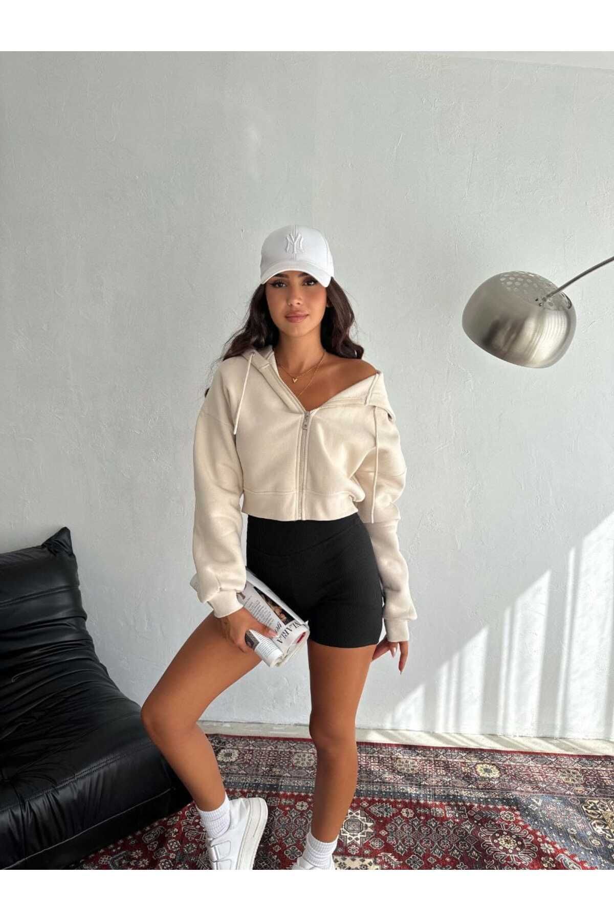 OlaLady-Hanorac Crop pentru damă - Cardigan cu glugă și fermoar 1