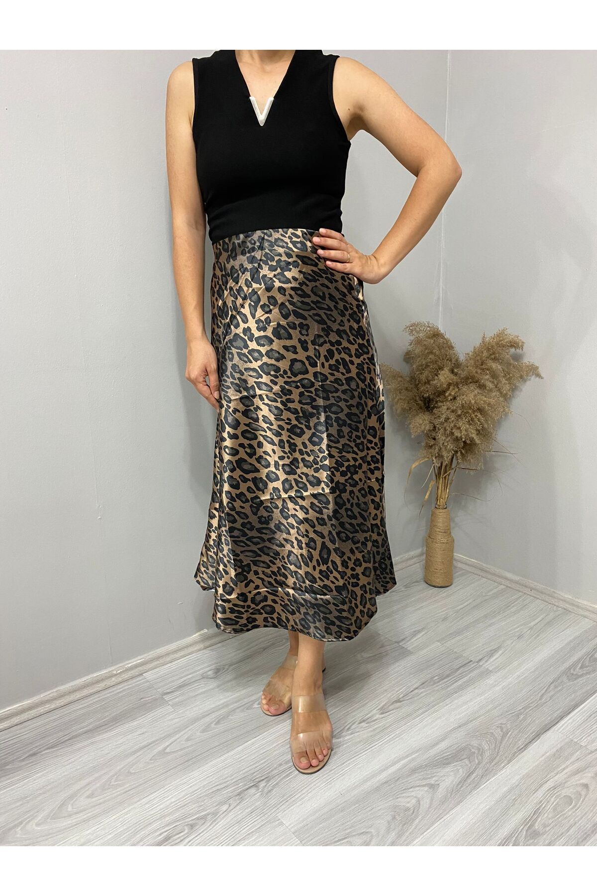 Mzr Collection Leopar Desen Saten Etek görsel 4