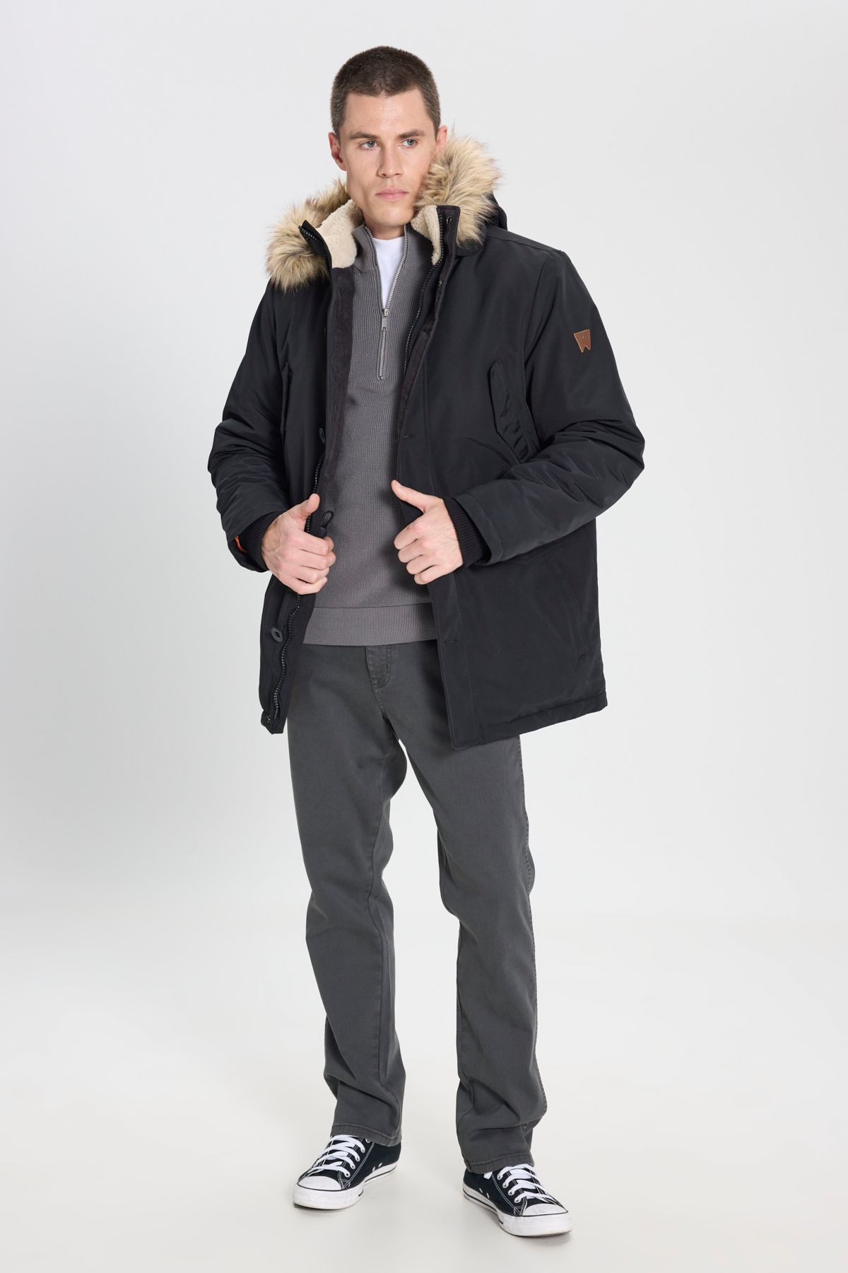 کت مشکی مردانه پارکا مشکی مردانه با پوسته مصنوعی با کلاه برش معمولی منظم Wrangler