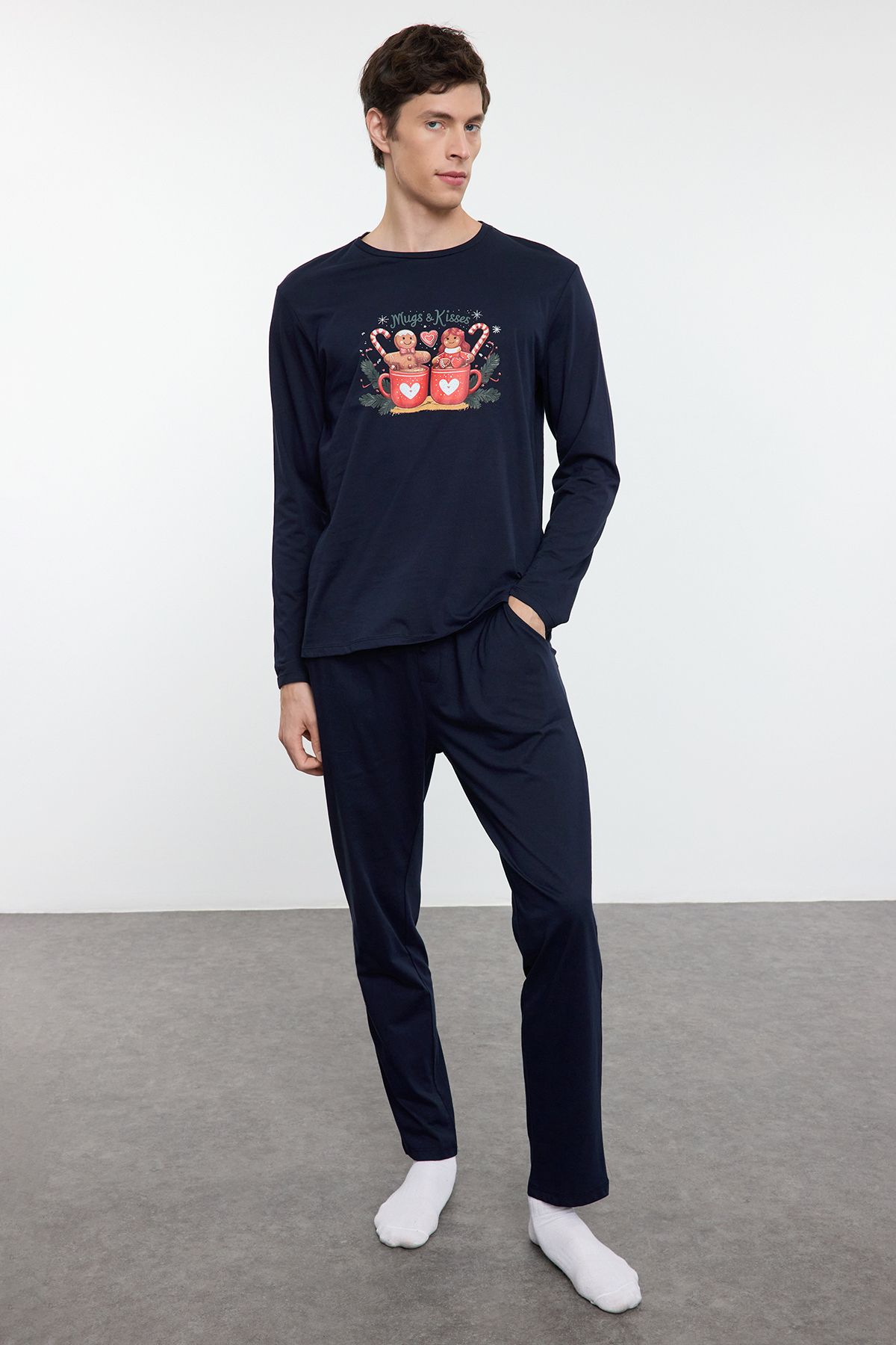 Trendyol Collection-Темно-синій трикотажний комплект з принтом для пари / пари чоловіча піжама TMNAW25PT00046 2