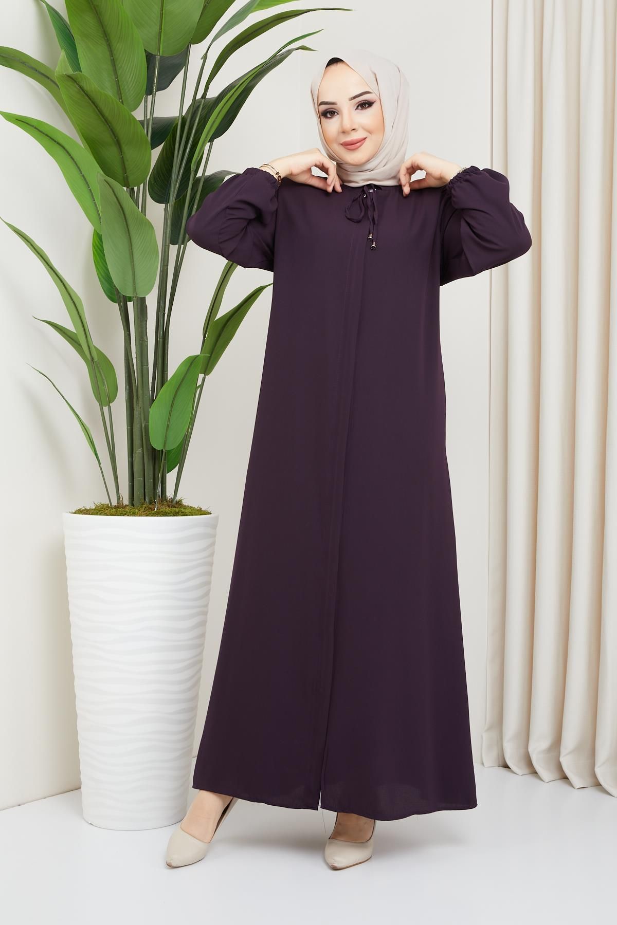 hafsamina Large Size Plum Abaya with Front Patchwork Trendyol