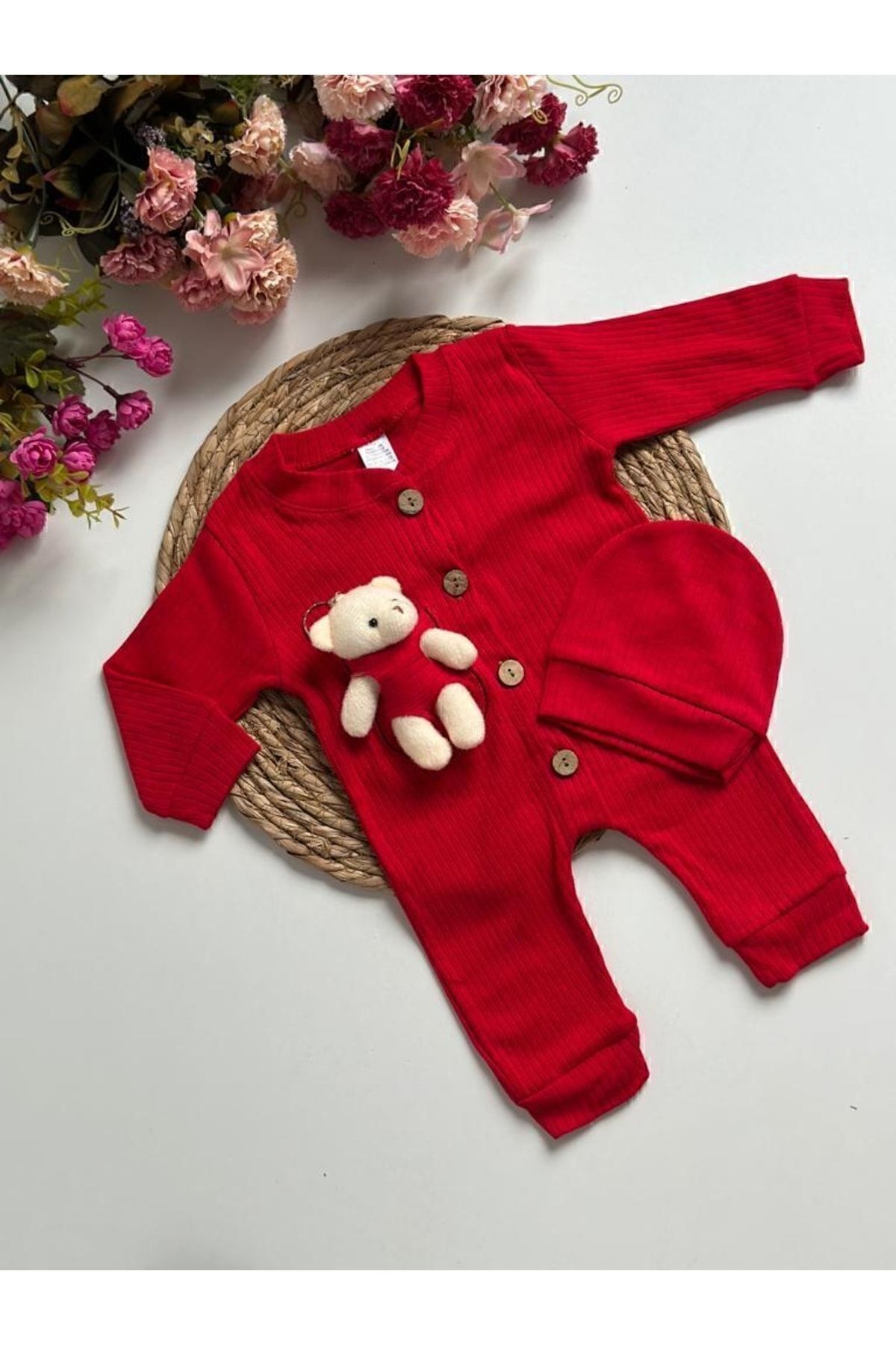 Peluş Ayıcıklı Bebek Tulumu Ve Şapka Seti