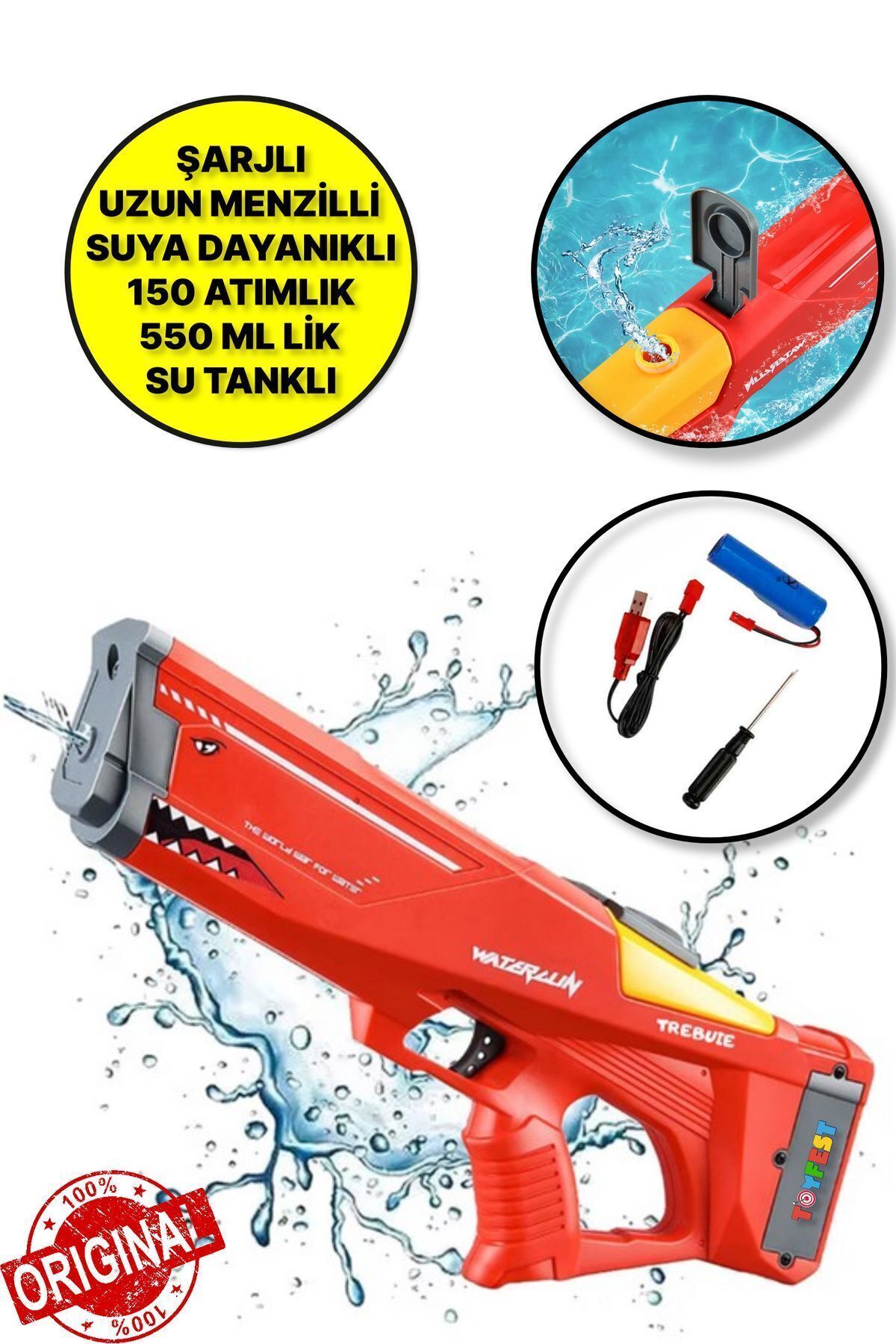 Long Range Electronic Water Gun with 550 ML Water Reservoir, Rechargeable with USB 43 cm - Red