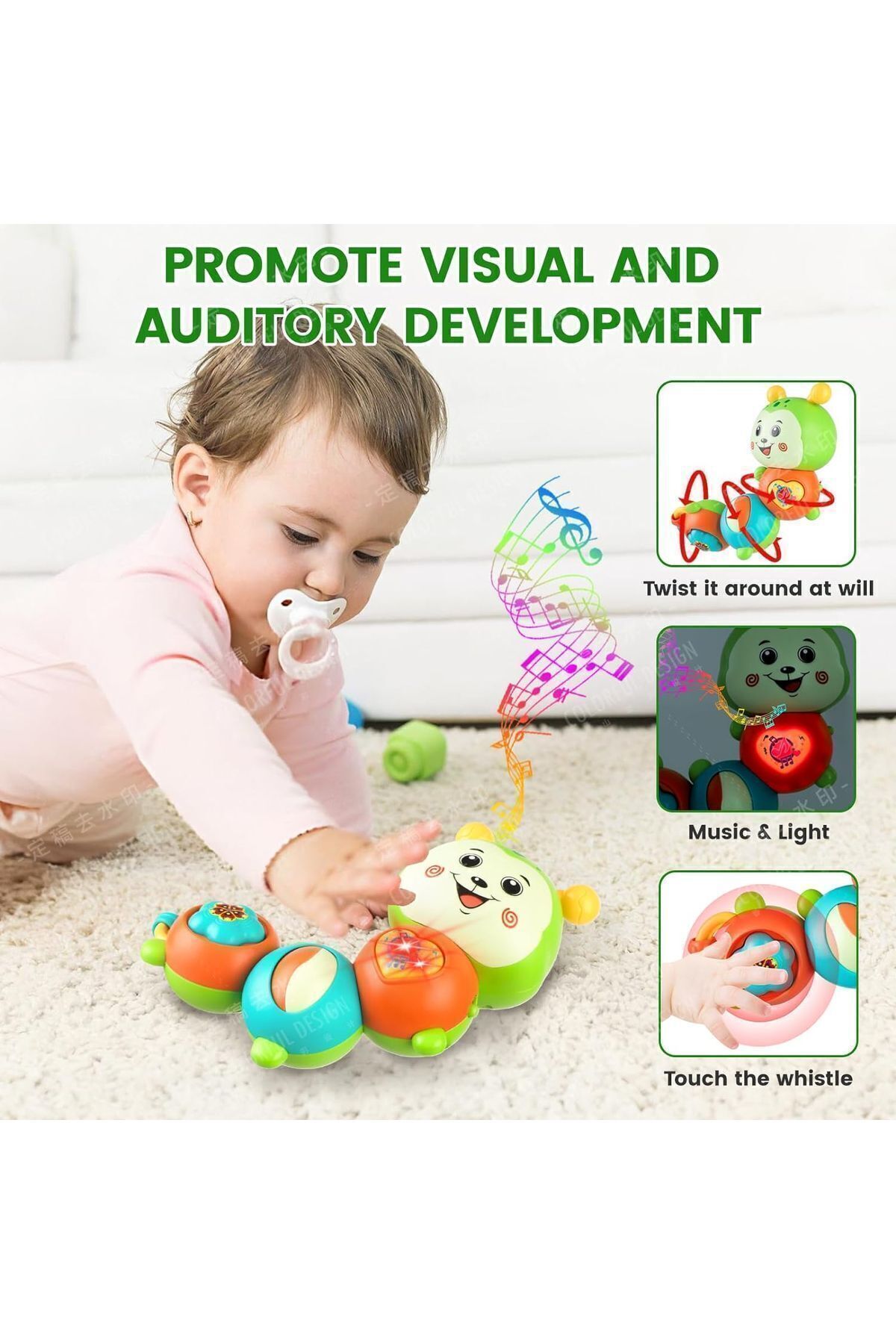 TOYFEST Çıngıraklı Işıklı Ninnili Müzikli Tırtıl Şekilli İnteraktif Bebek Eğitici Tuşlu Oyuncak - Yeşil fotoğrafı 3 (önizleme)