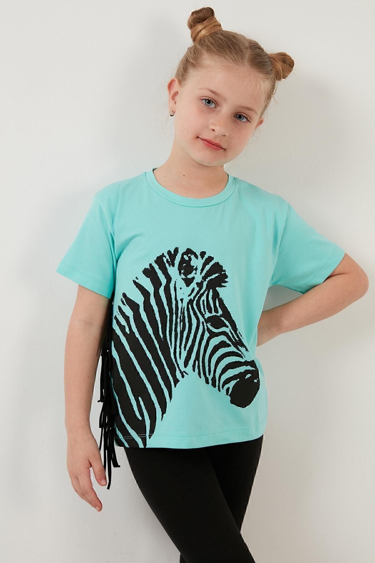 Lela-Tricou cu detaliu cu ciucuri imprimat din bumbac cu decolteu rotund Tricou pentru fete 6211021 4
