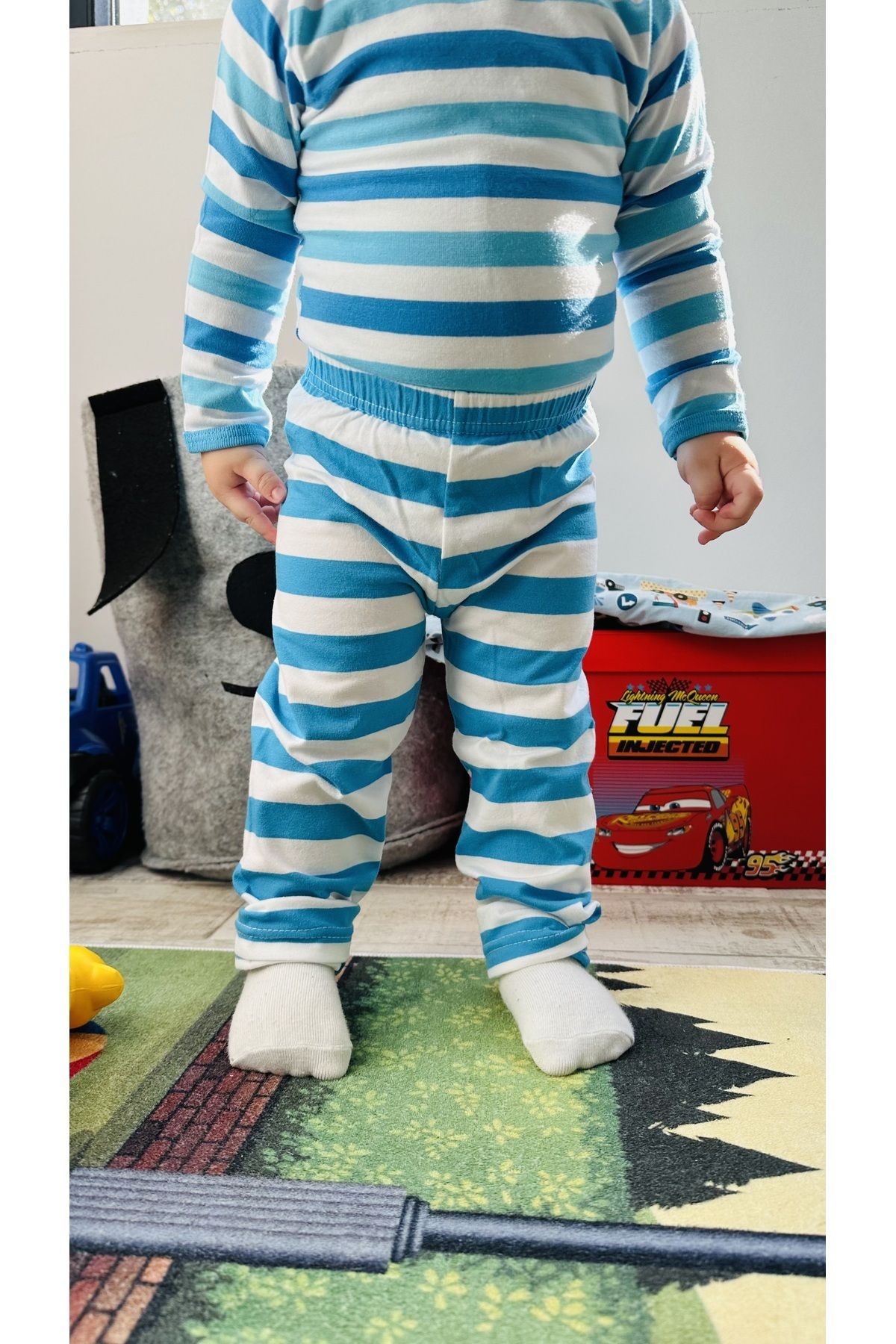 TD Collection Mavi Çizgili Penye Kumaş Çocuk / Bebek Kız - Erkek Pantolon %100 pamuklu fotoğrafı 3 (önizleme)