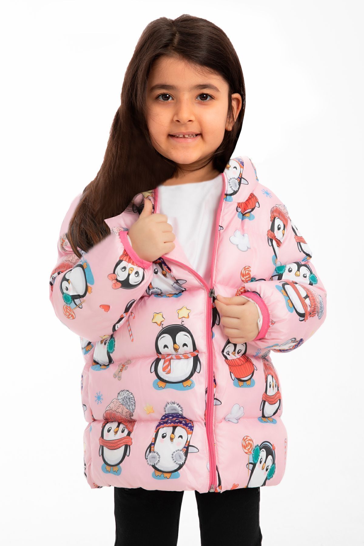  کاپشن و پارکا زمستانی دخترانه کلاه دار با آستر پشمی و طرح پنگوئن آبنباتی