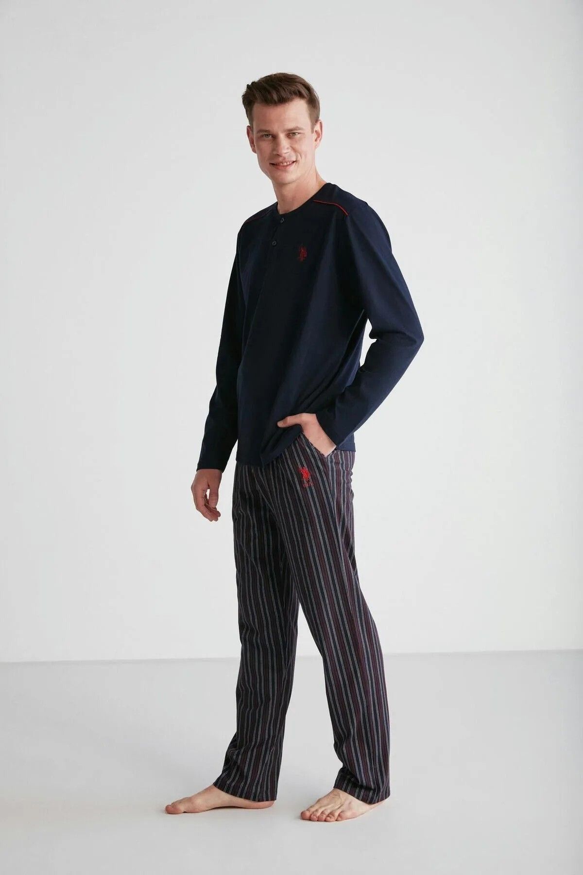 ست پیژامه آبی مردانه پایه. پولو اسن. لباس خواب نیم دکمه U.S. Polo Assn.