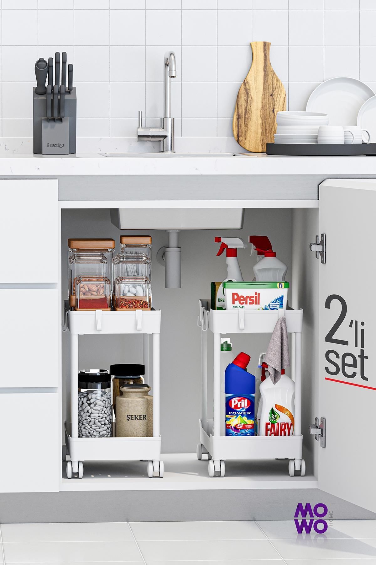 Mowo Home Beyaz 2 Katlı Tekerlekli Düzenleyici 2'li Set Mutfak, Banyo Rafı Tezgah Altı Evye Altı Deterjanlık