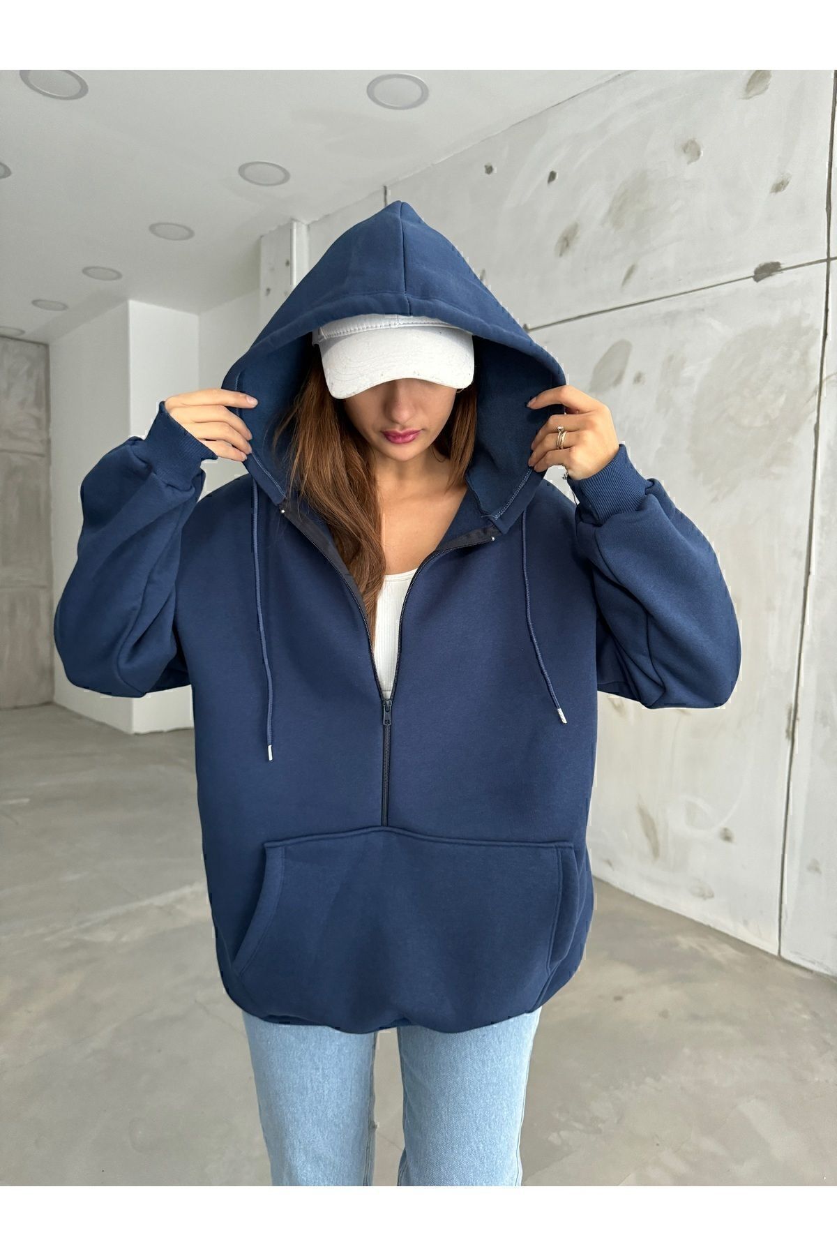 Sun Victoria Unisex Navy Blue Hooded Zippered Oversize 3 Thread Ribbed Sweatshirt Trendyol