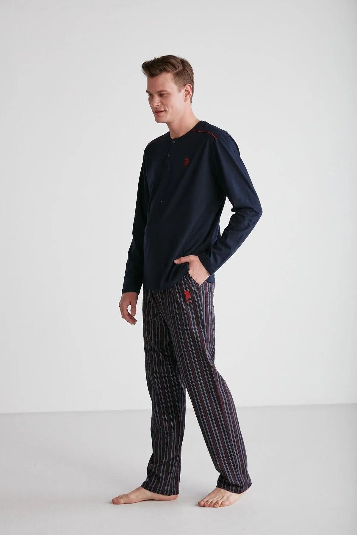 ست پیژامه آبی مردانه پایه. پولو اسن. لباس خواب نیم دکمه U.S. Polo Assn.