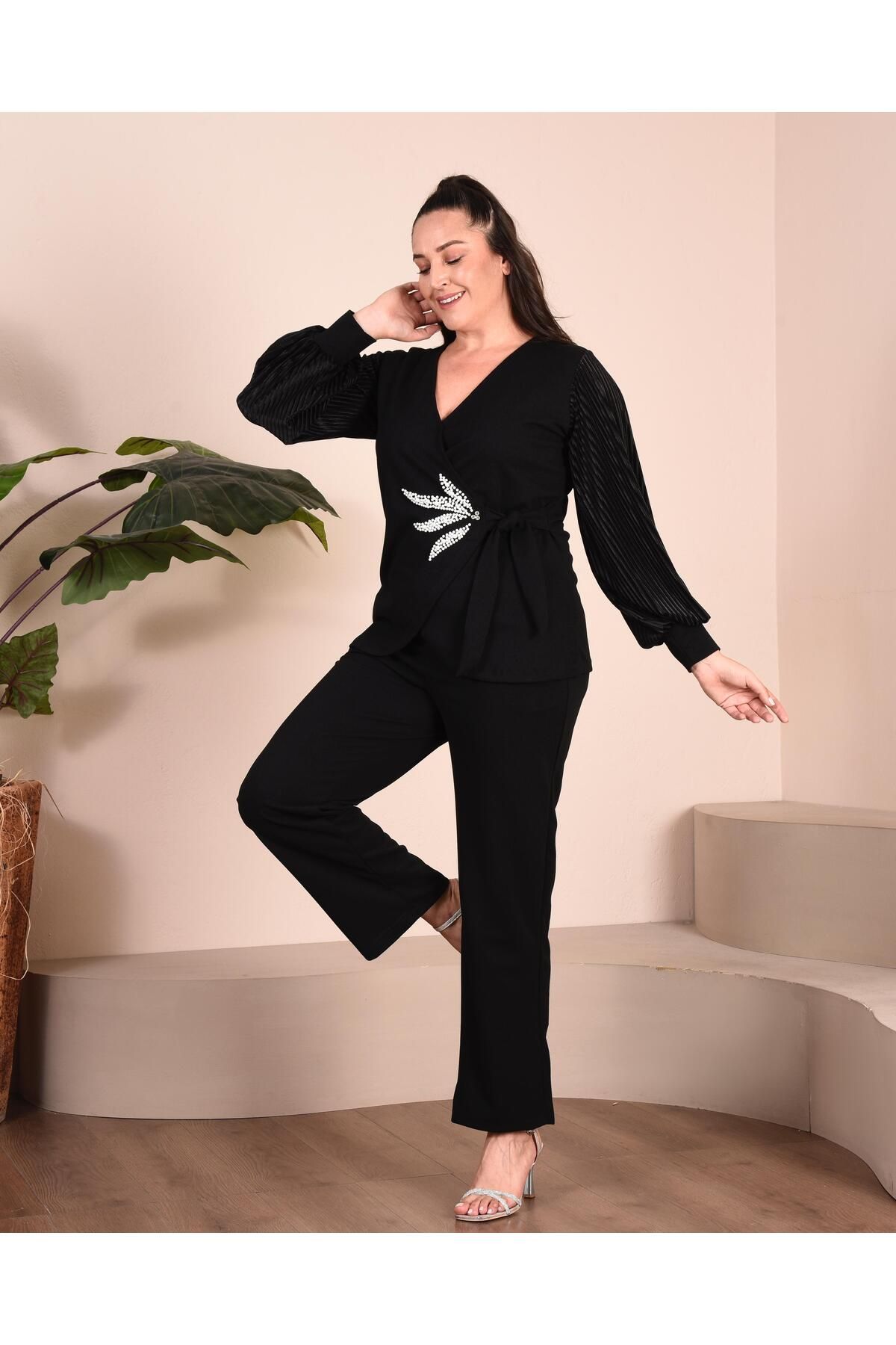 Butik Nilyam Kadın Büyük Beden Kruvaze Yaka Kadife Kol İnci Yaprak ...