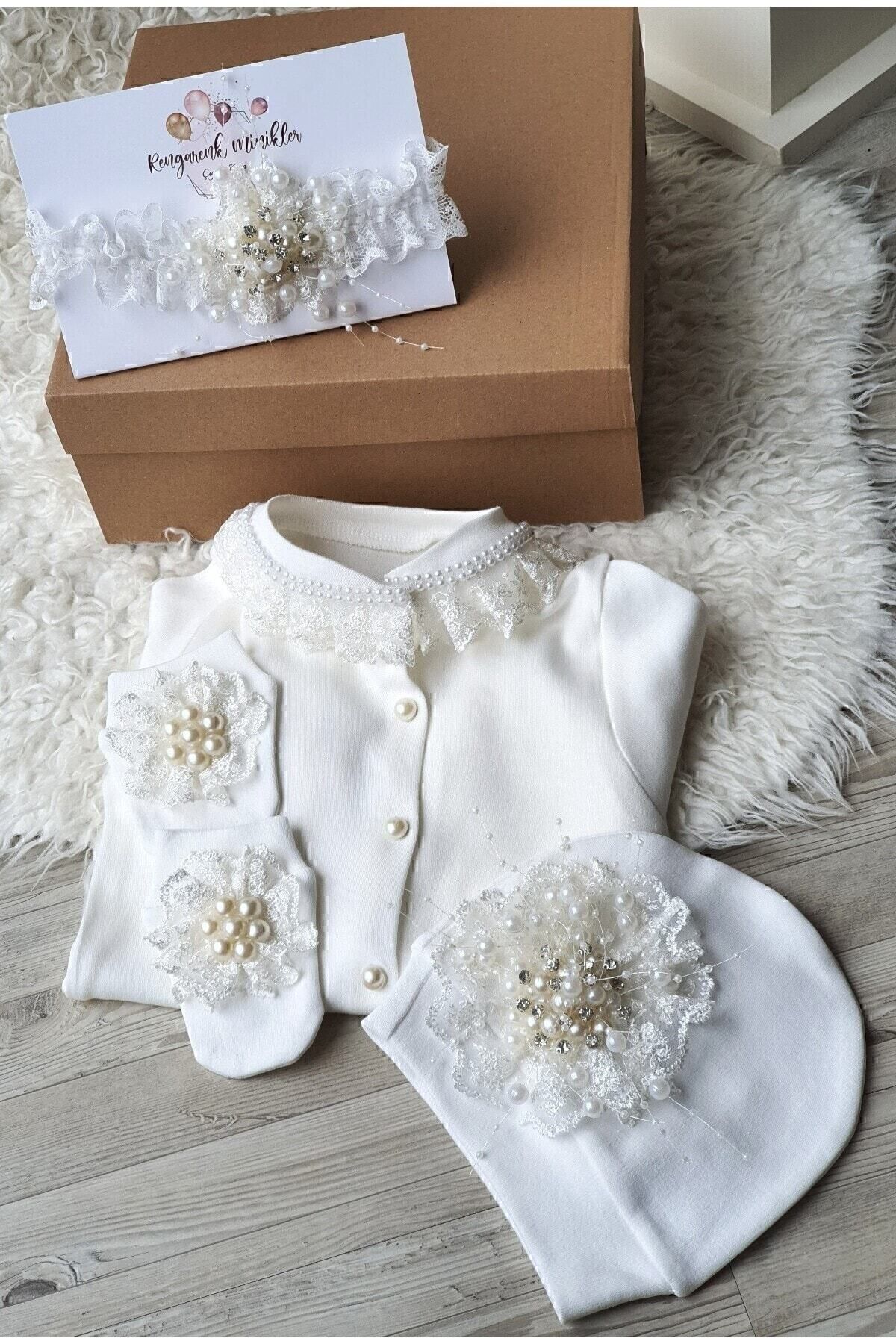 çiğdem kaya design Özel Tasarım Inci Taşlı Ekru Bebek Hastane Çıkış Takımı fotoğrafı 3 (önizleme)