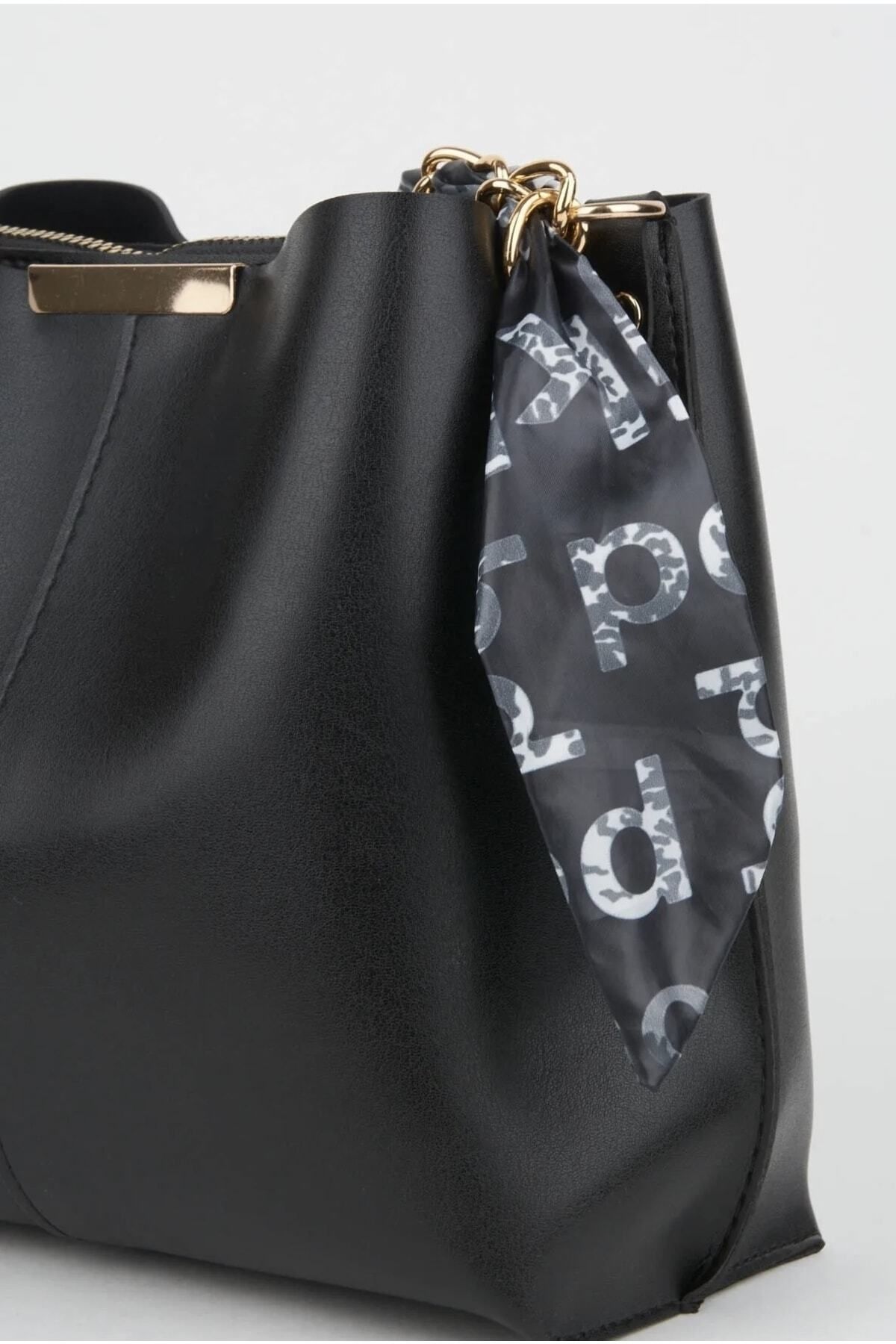 black womens scarf chain accessories soft leather 3 compartment hand arm and shoulder bag