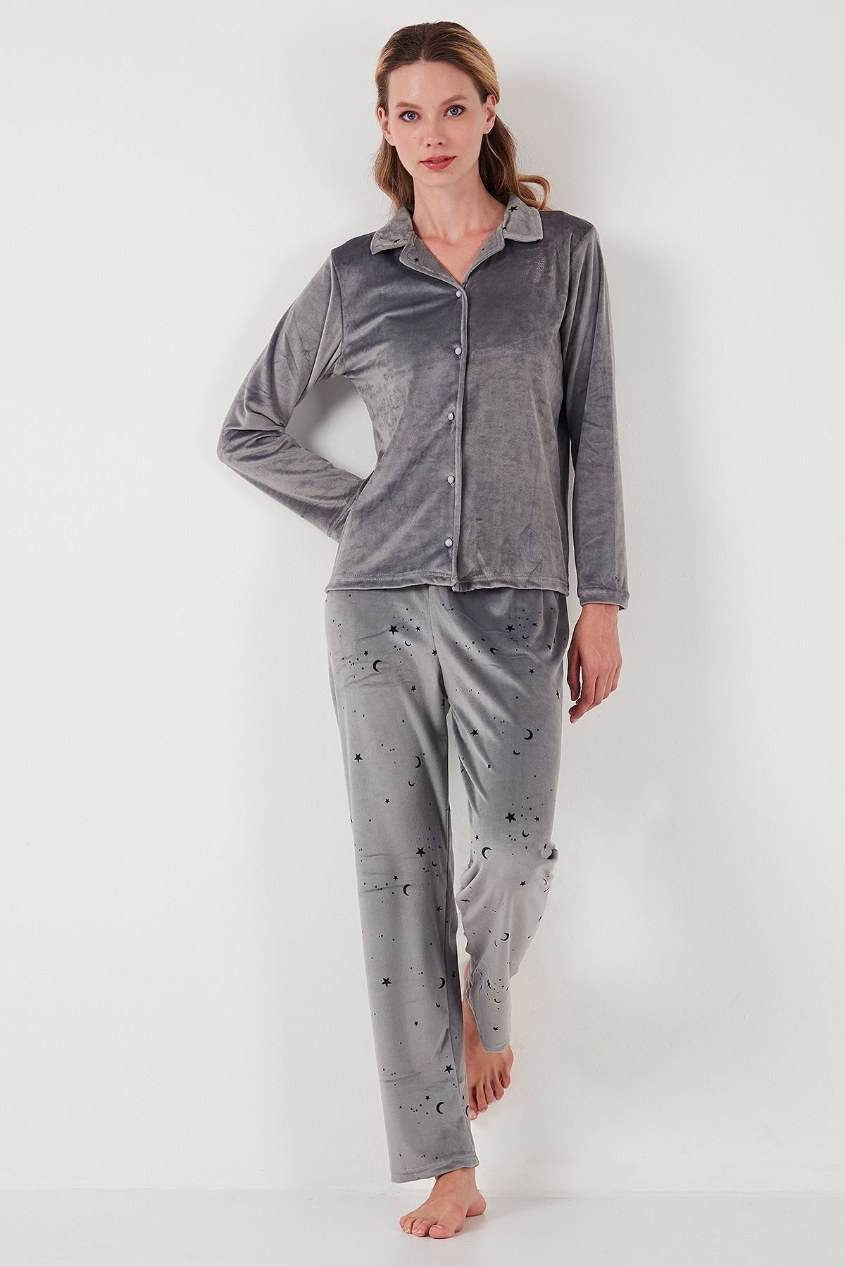 Lela-Shiny Patterned Regular Fit Velvet Pajama Set - 65713311 2