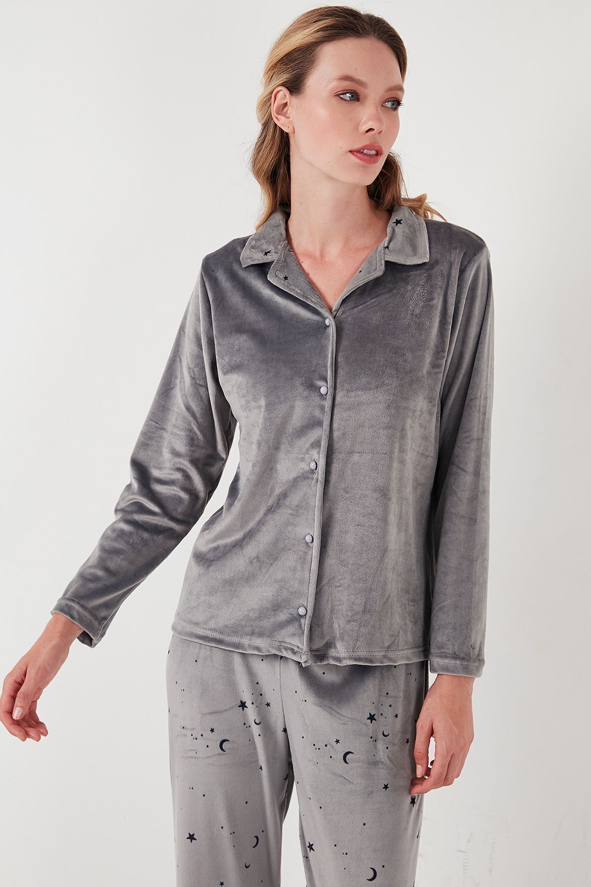 Lela-Shiny Patterned Regular Fit Velvet Pajama Set - 65713311 4