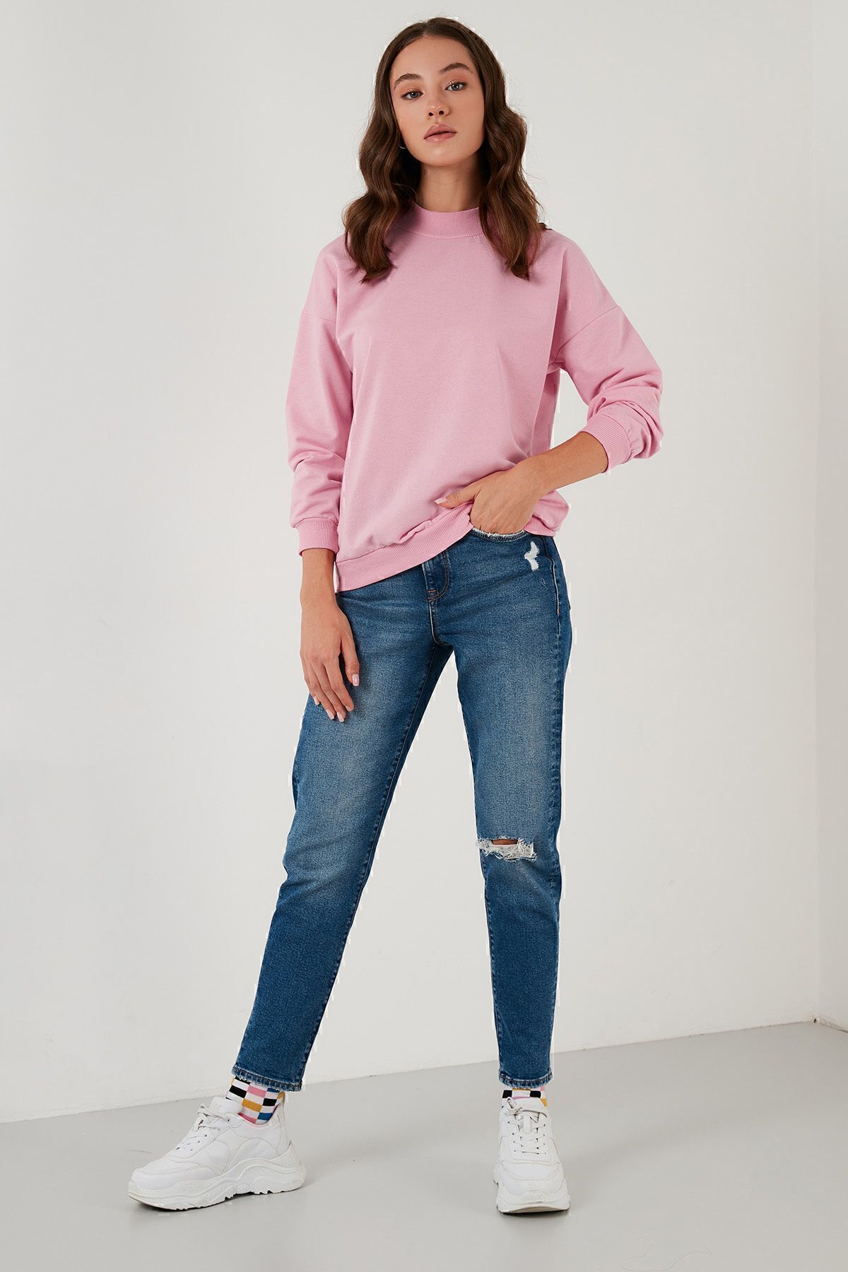 Lela-Sweat tricotat de bază din bumbac cu guler vertical - 5863323 5