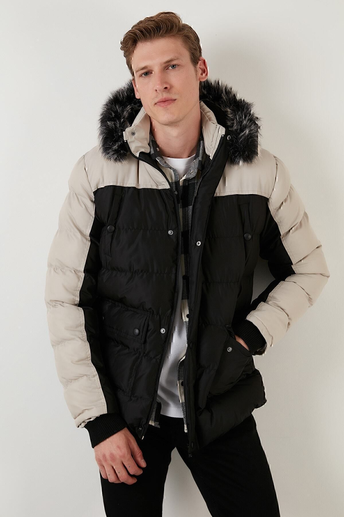 Slim Fit Removable Faux Fur Hooded Coat Puffer کت مردانه 5760076 Buratti