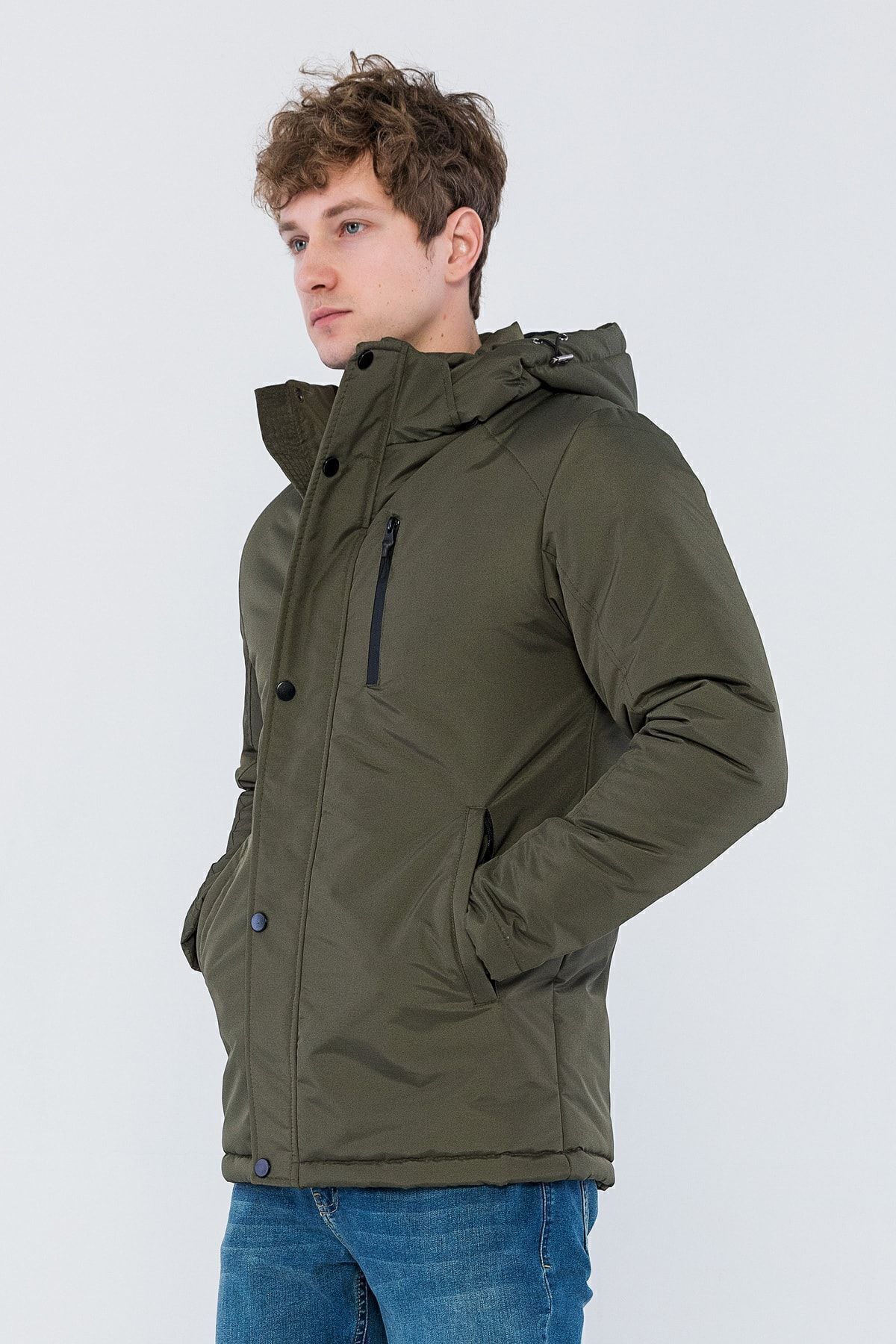 D1fference-Herren Khaki Ausgehen Kapuze Winddicht Dicke Sportmäntel & Mäntel & Parka 3