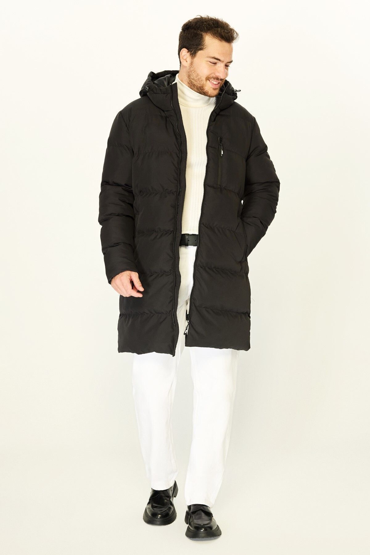 D1fference-Schwarzer Puffer-Parka für Herren – mit Kapuze, Faserfüllung, winddichter Mantel 3