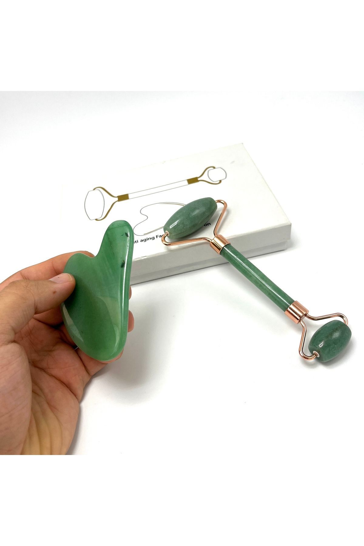 ست ابزار ماساژ غلتکی و سنگ طبیعی گوا شا با کیفیت Aventurine درجه 1 YILDIZ DOĞAL TAŞ