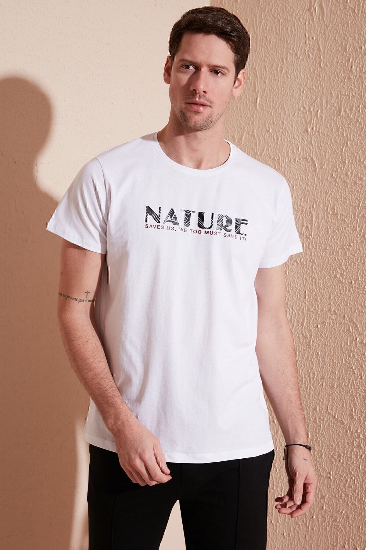 Text Printed Crew Neck 100% نخی باریک تی شرت تی شرت مردانه 541nature Buratti