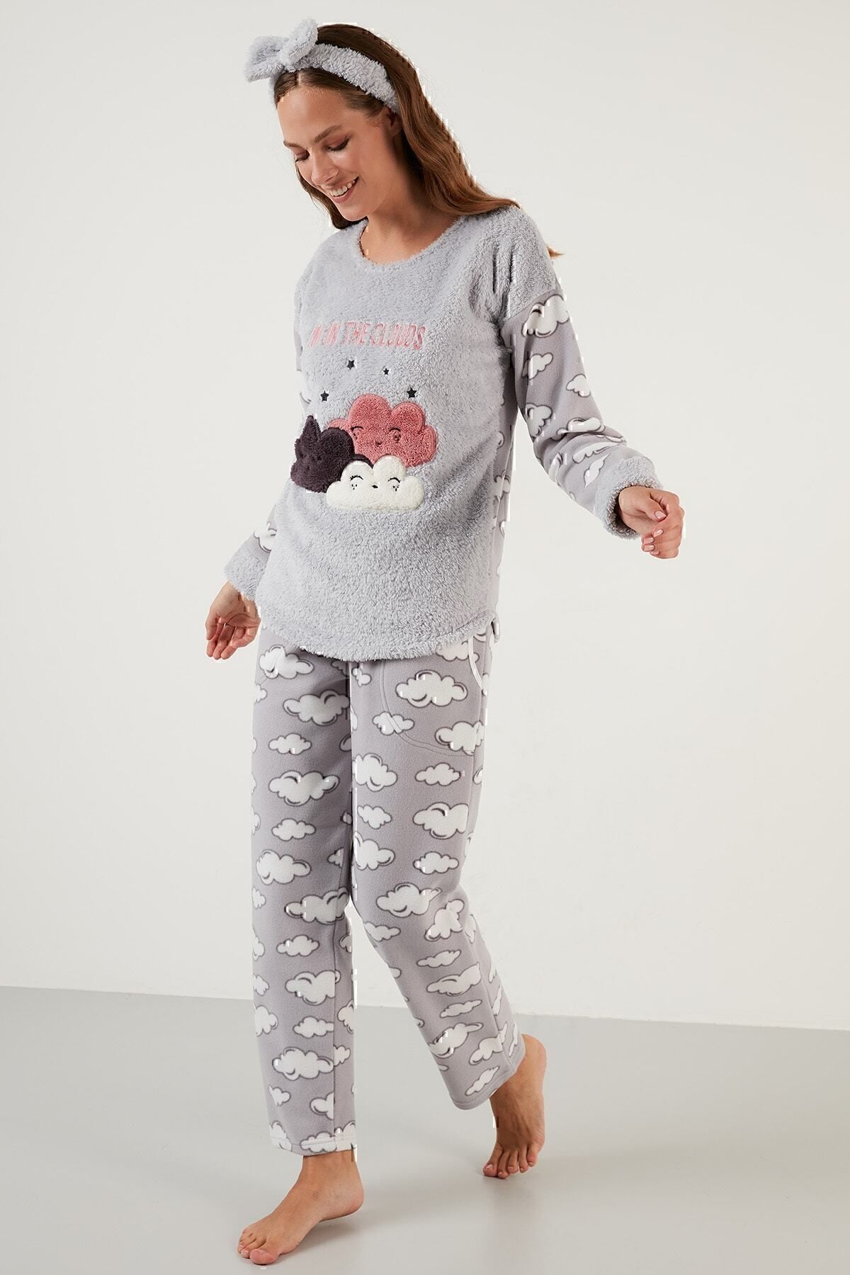 Lela-Cloud Patterned Pocketed Plush Pajama Set with Elastic Waist Pajama Set 6094120bulu 3