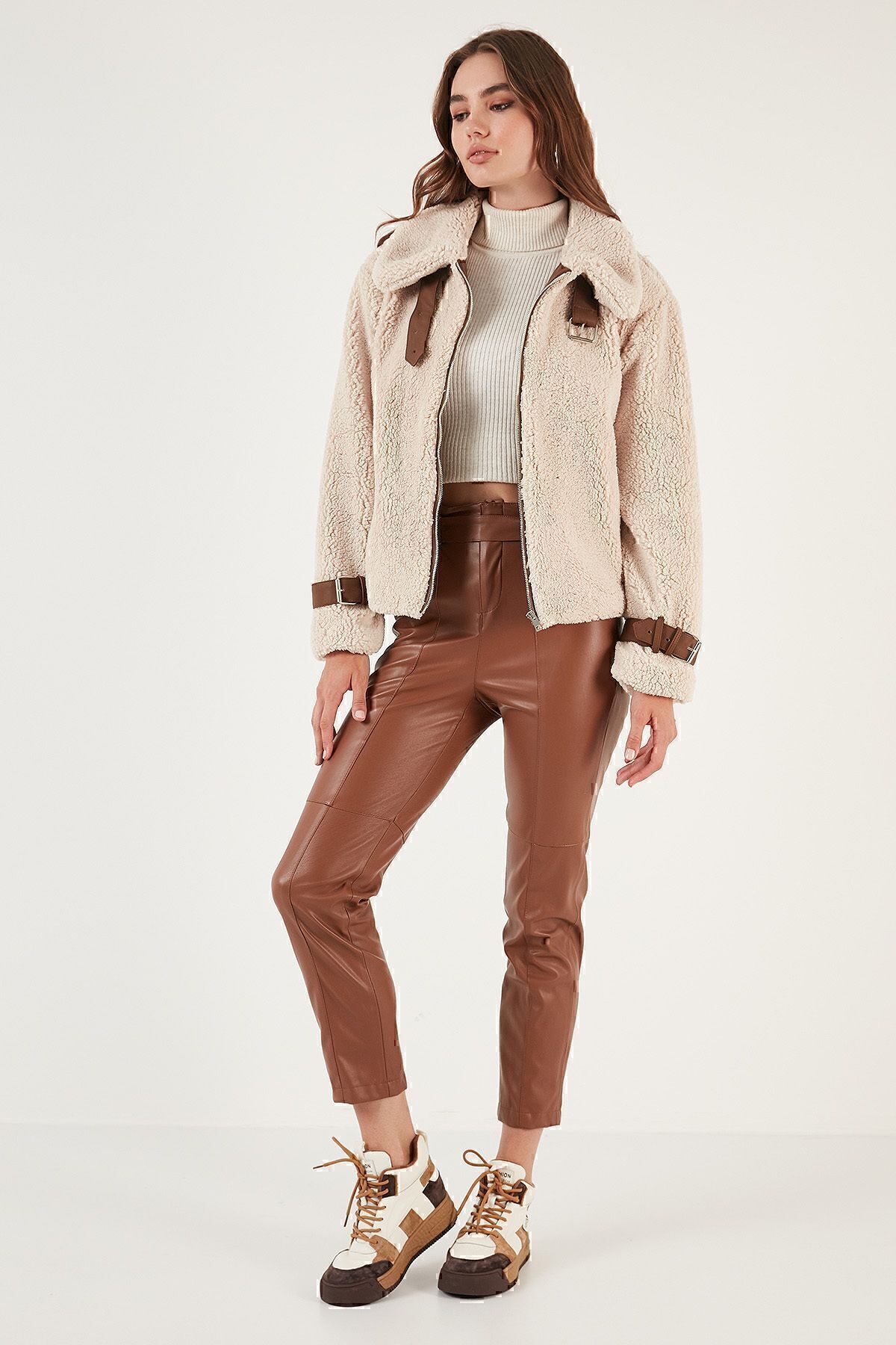 Lela-Regular Fit Belt Detailed Faux Fur Coat with Pockets 497fulya 8