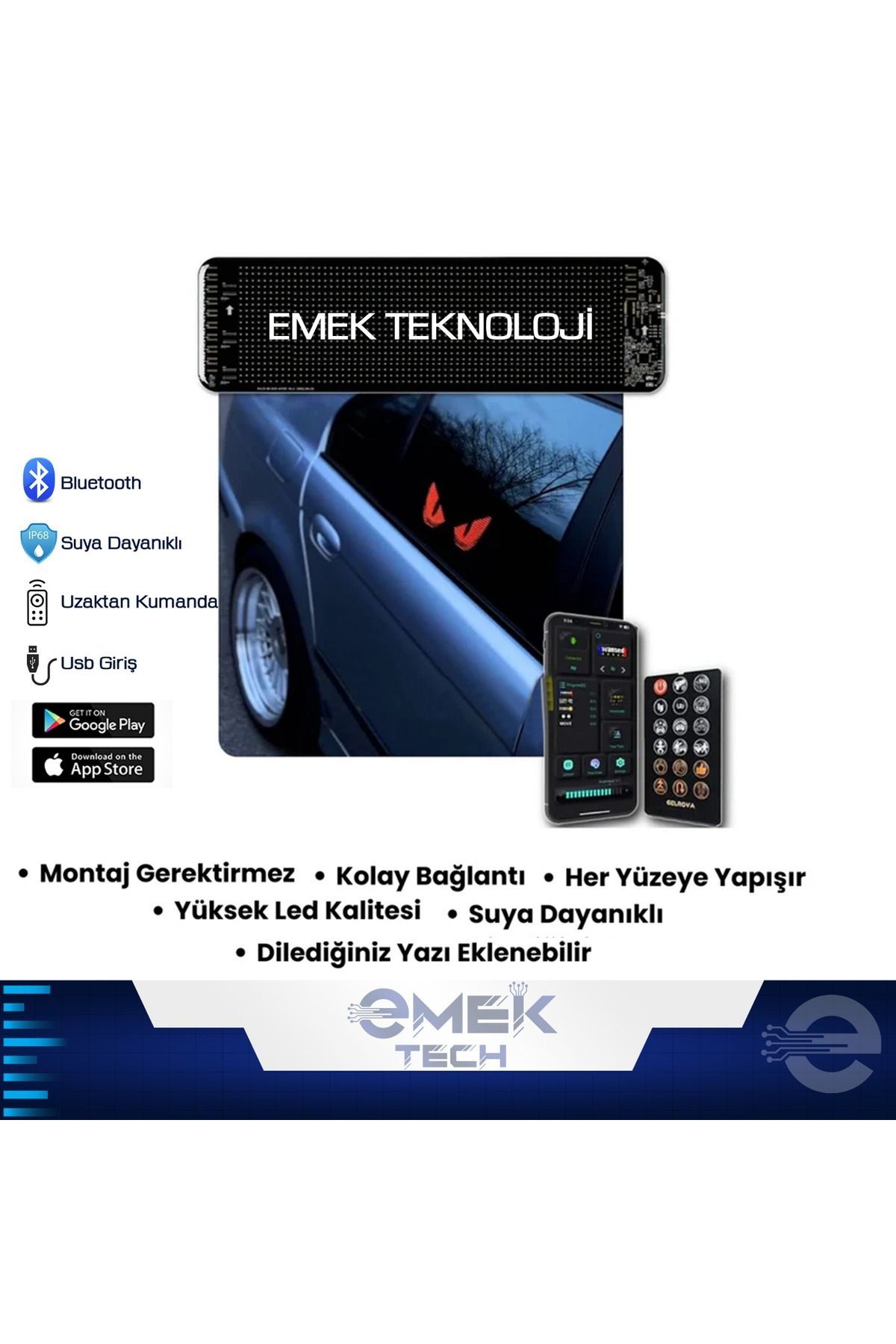 Kişiselleştirilebilir Mesaj ve Görsel Düzenleme Özellikli Esnek ve Yapışkan LED Araç Ekranı 64*16 CM