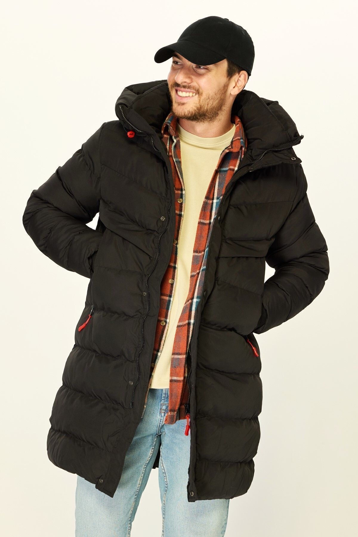 D1fference-Schwarzer Puffer-Parka für Herren – mit Kapuze, winddicht, mit Fasern gefüllt, langer Wintermantel 4