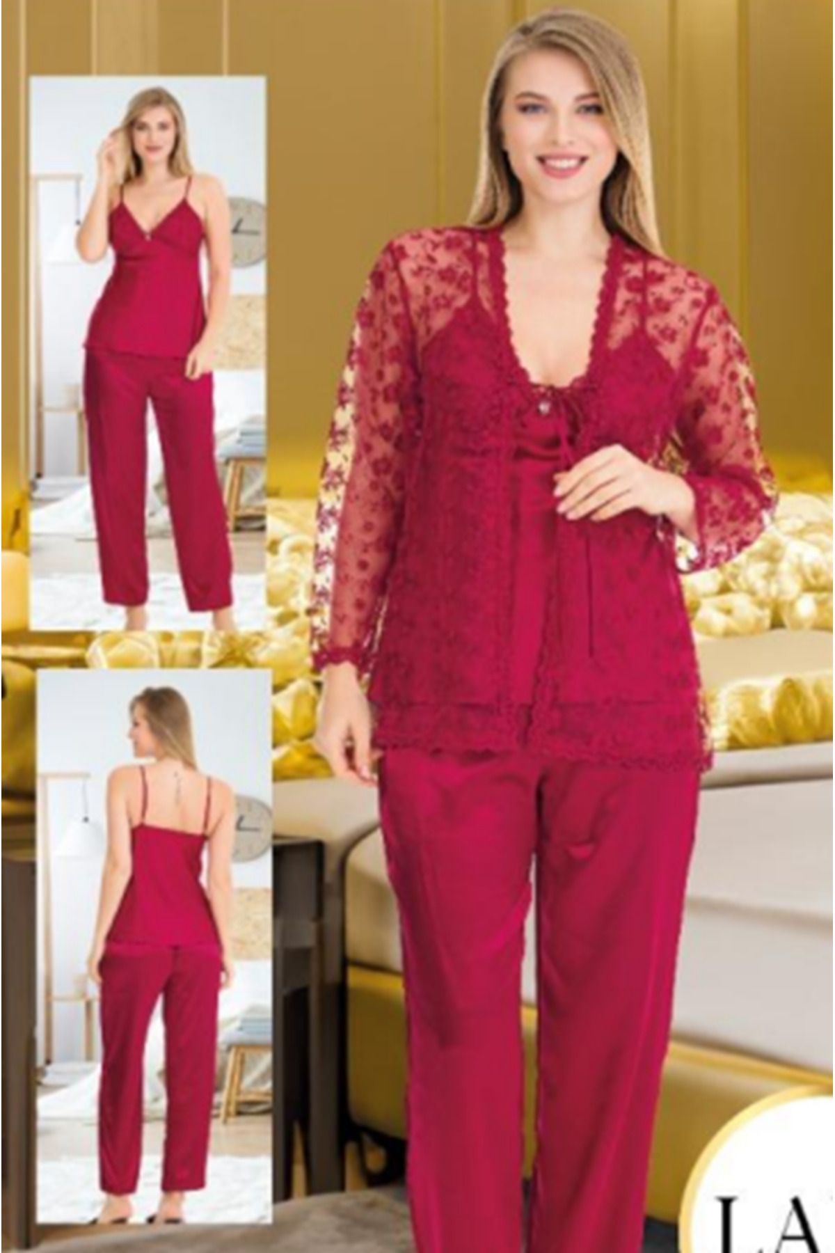 Cooqpoo Costum De Pijama 3 Piese Din Satin Cu Bretele Brode Bordeaux Mărimea S-m-l-xl Femeie - XL