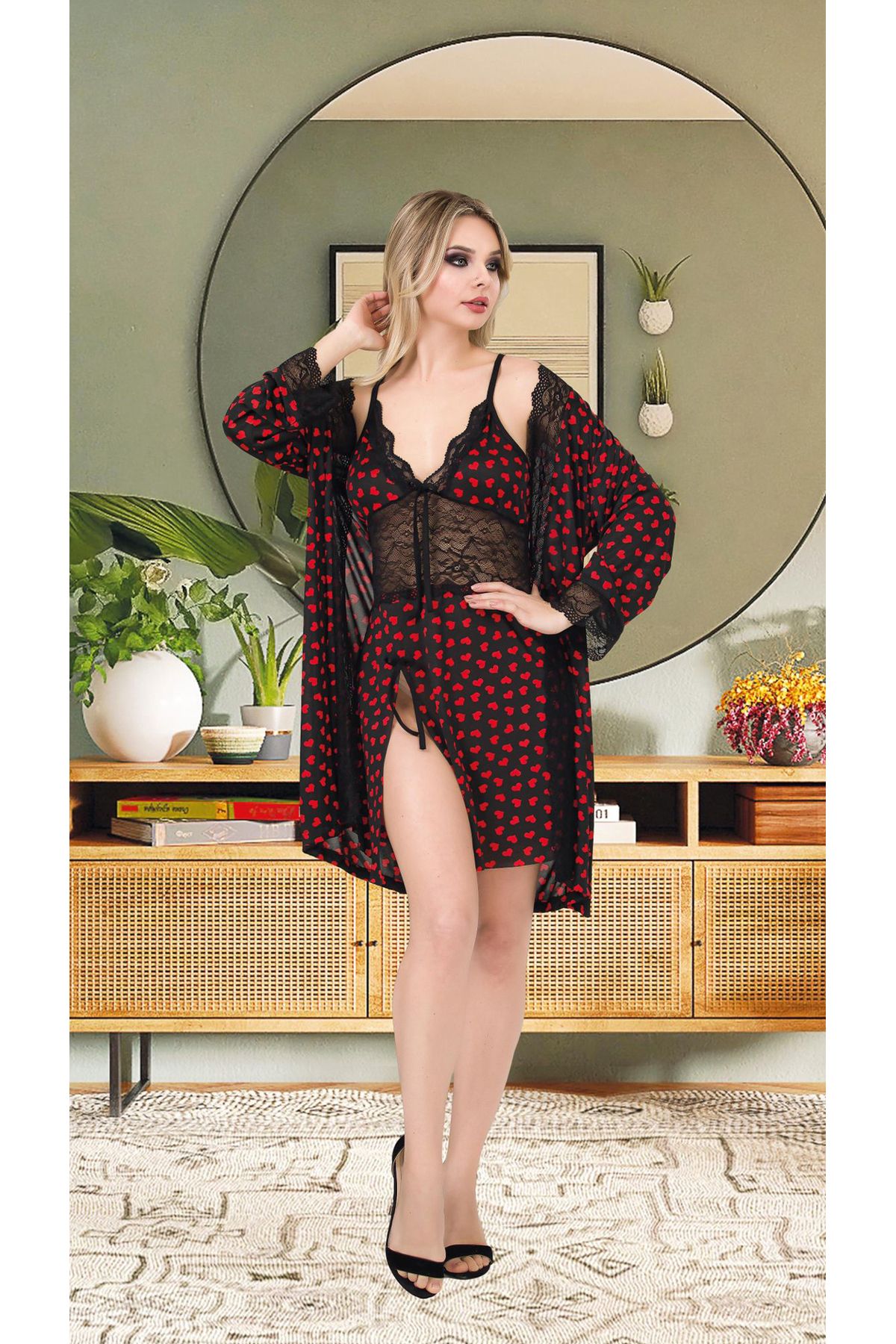 Cooqpoo Kısa Desenli Dantel Ince Askılı Yırtmaçlı Rahat Kadın S/m-l/xl Beden Gecelik Sabahlık Takımı