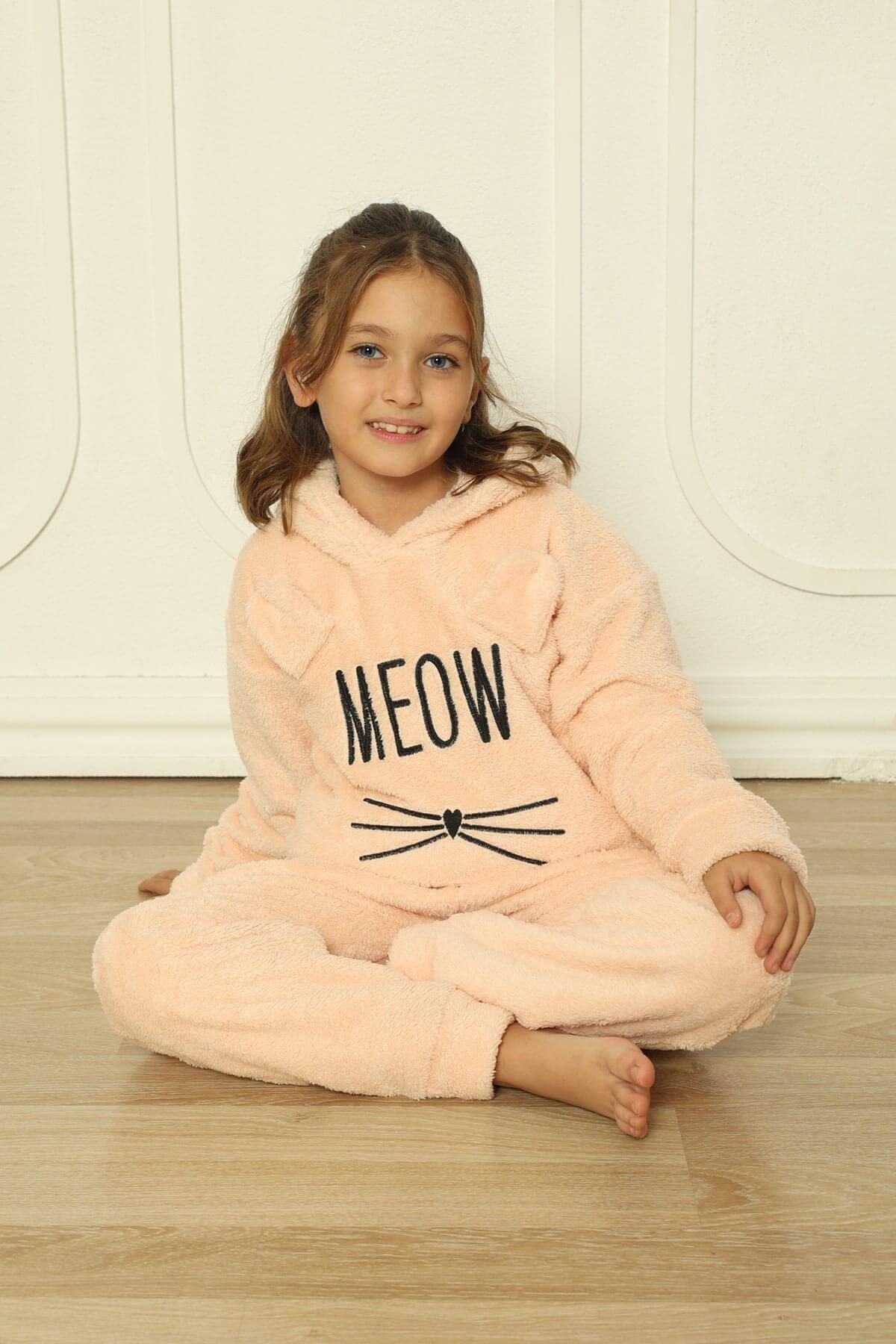 Pijamaevi-Meow Patterned Full Plush Girl's Pajama Set - Salmon 2