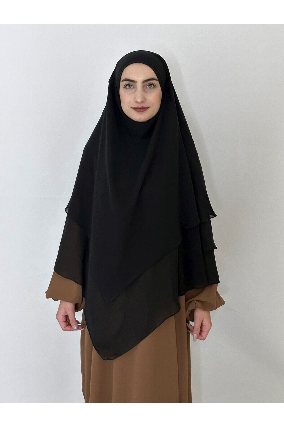 R&S modibone-Black Souffle Khimar - Three-Layer, Veil and Chiffon Scarf, 4 Strings 1