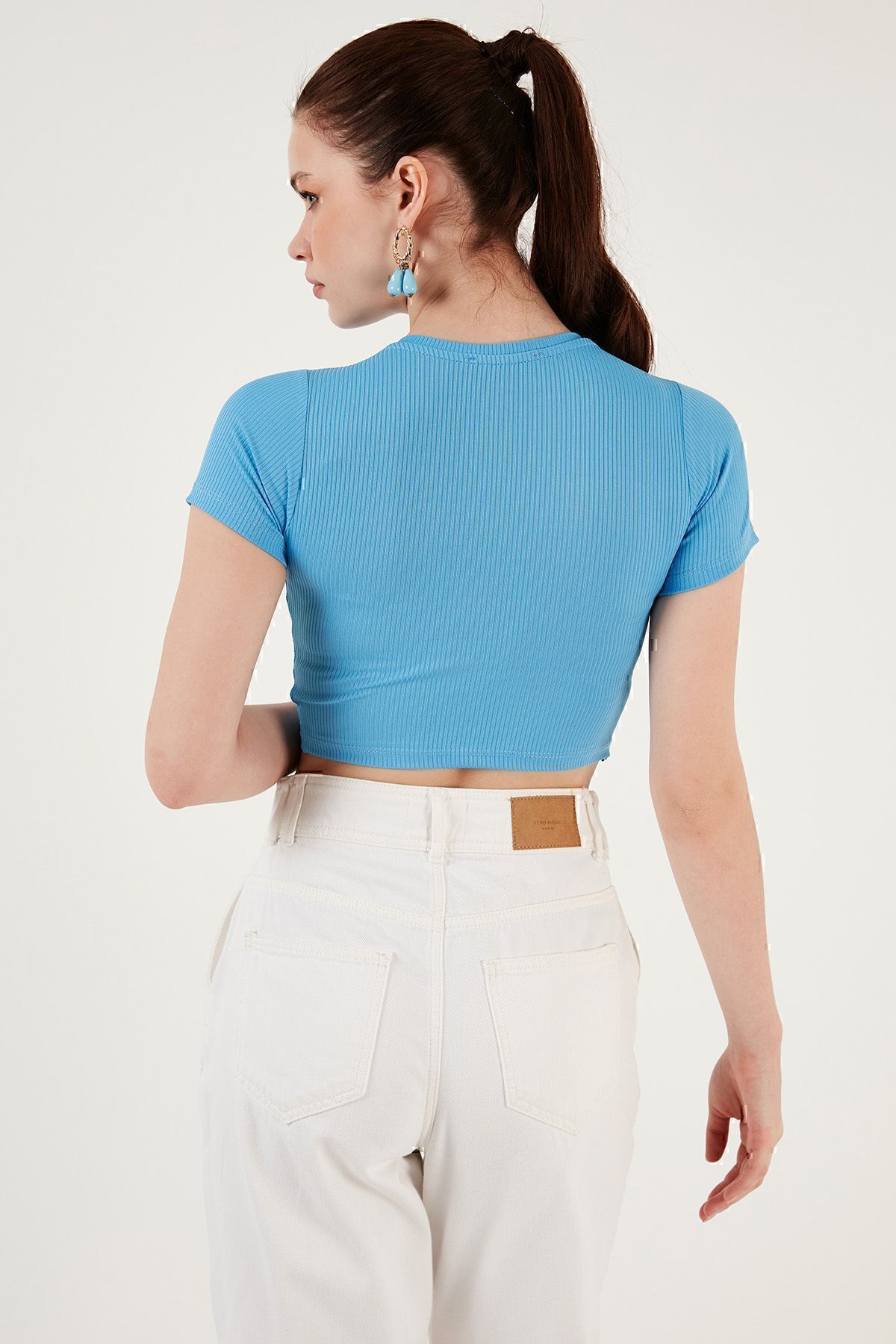 Lela-Bluză crop bluză cu mânecă scurtă, slim fit, cu detaliu în talie cu nervuri5864211 6