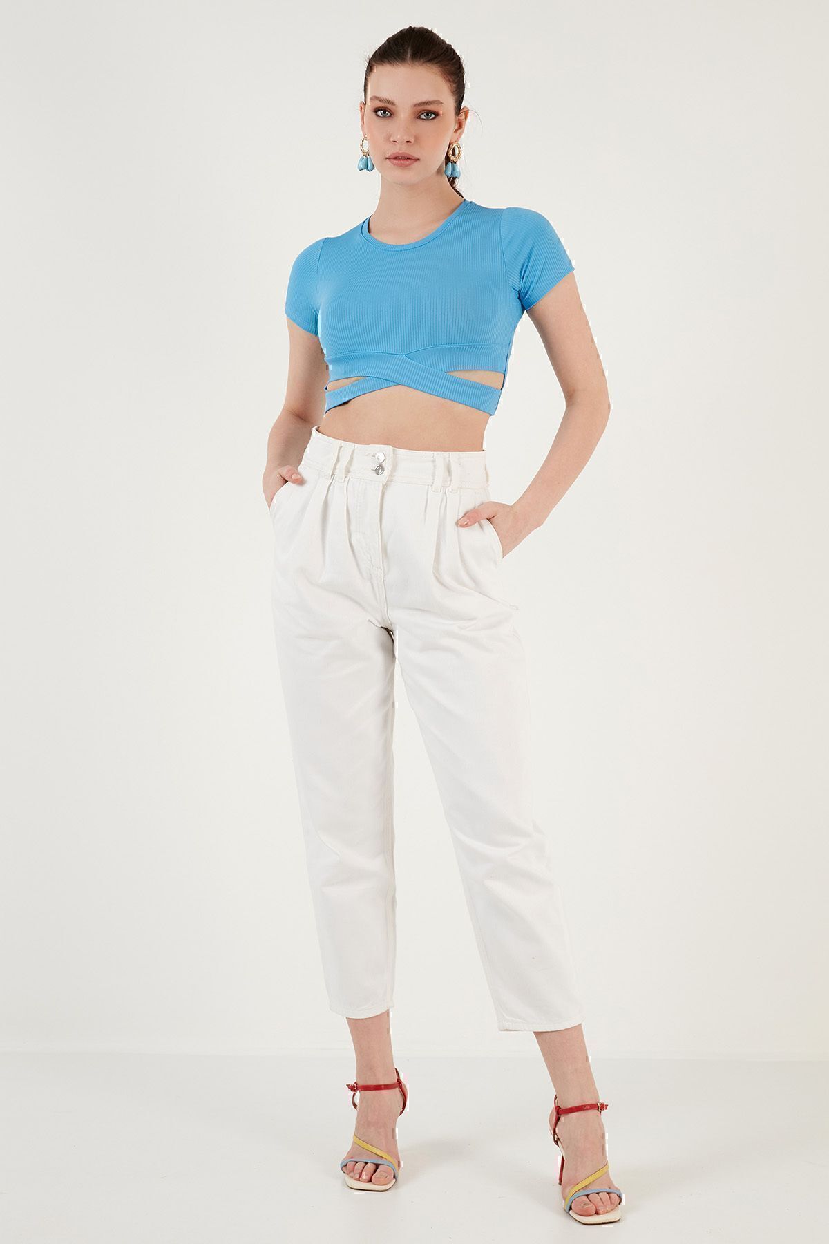 Lela-Bluză crop bluză cu mânecă scurtă, slim fit, cu detaliu în talie cu nervuri5864211 4