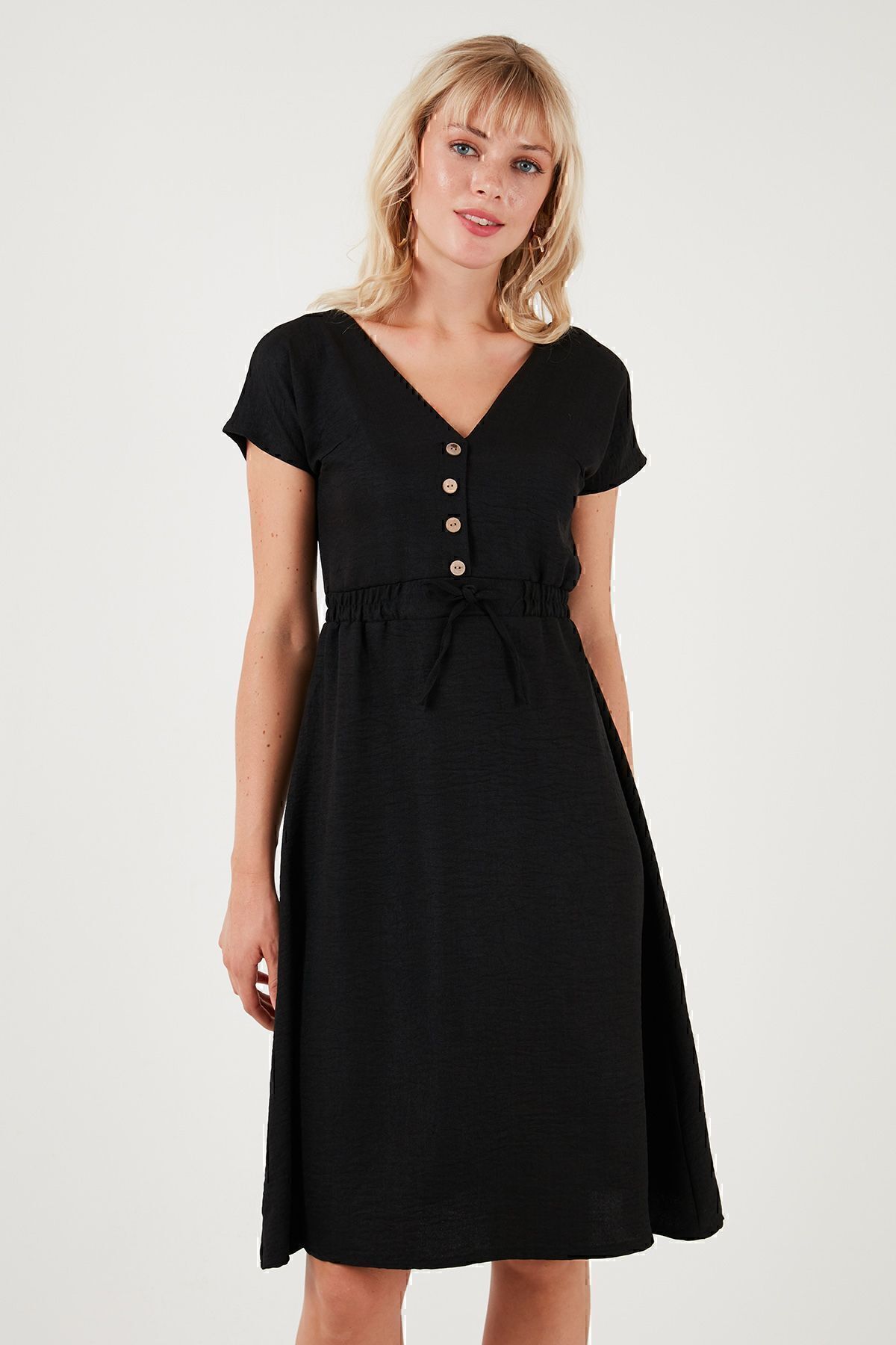 Lela-Rochie midi cu decolteu în V cu nasturi - Rochie cu mâneci scurte5865747 3