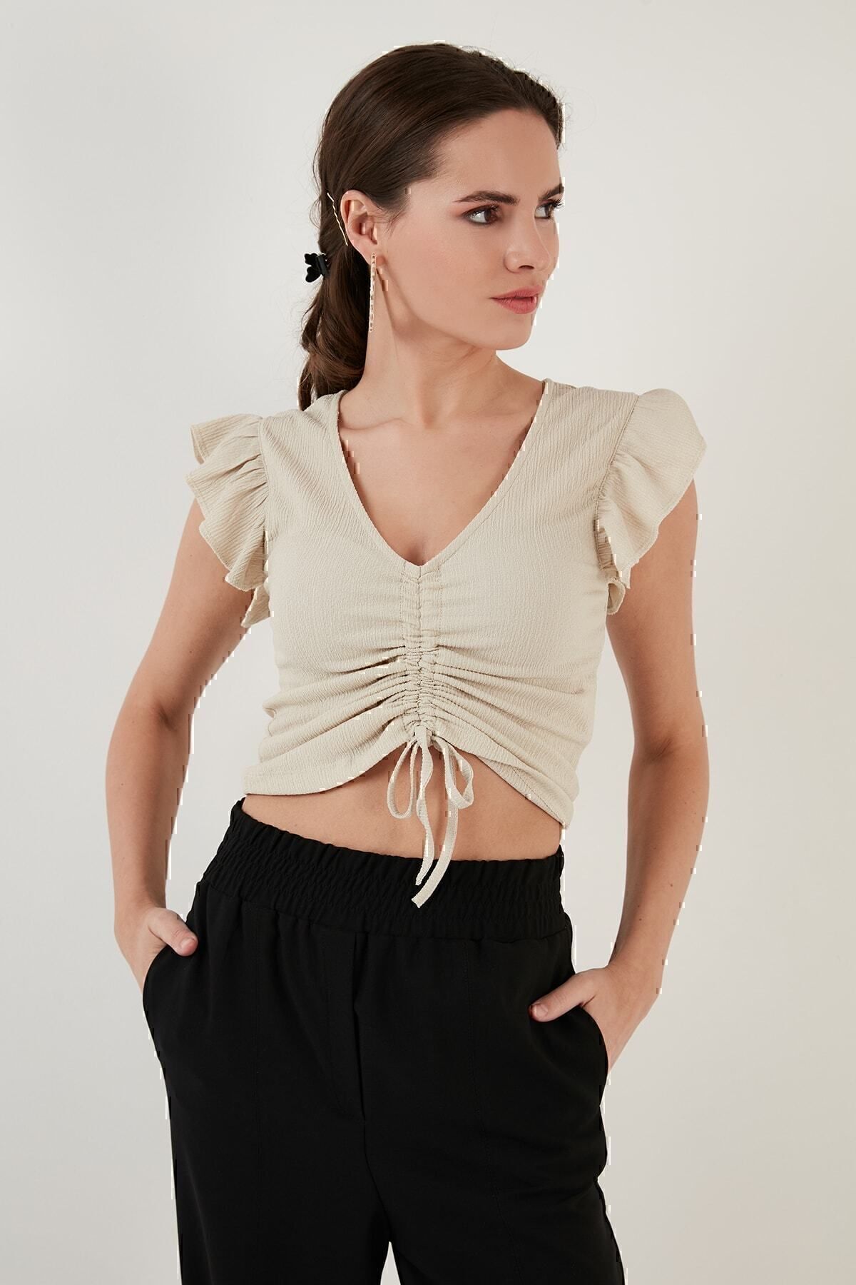 Lela-Bluză crop slim cu detaliu cu volane, cu mâneci cu volane 5865015 5