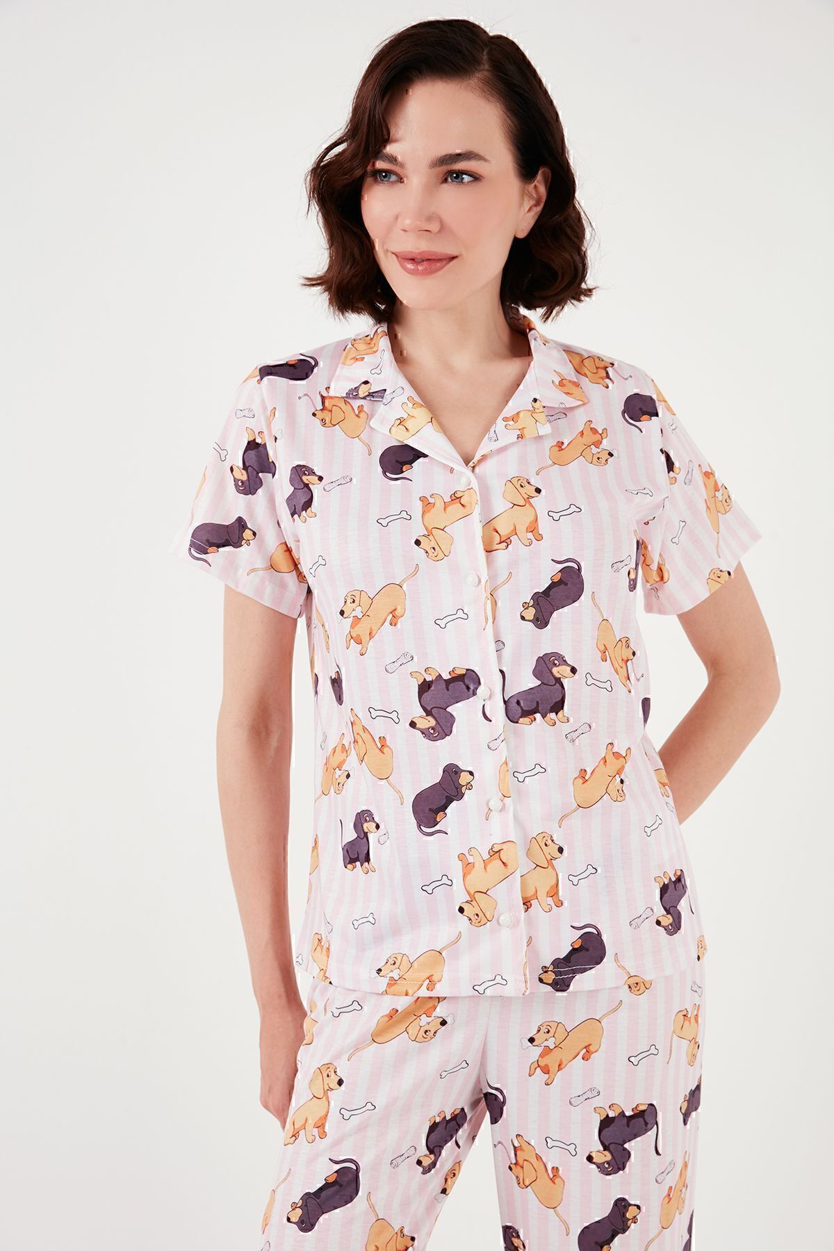 Lela-Set pijama cu model regular fit - mânecă scurtă, guler cămașă, talie elastica6571010 3