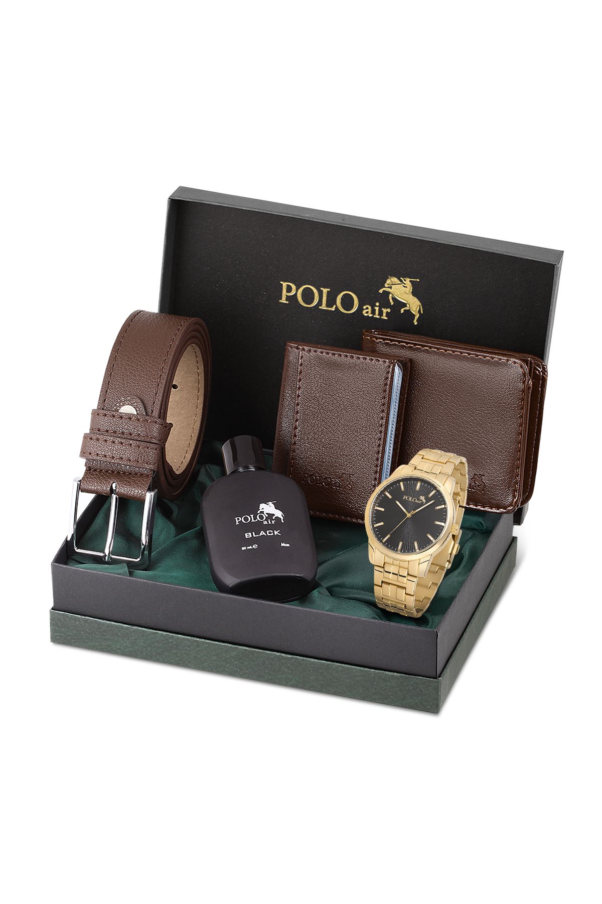 Polo Air Erkek Kol Saati Parfüm Cüzdan Kemer Kartlık Kombin Set Gold Siyah Renk PL-0918E5