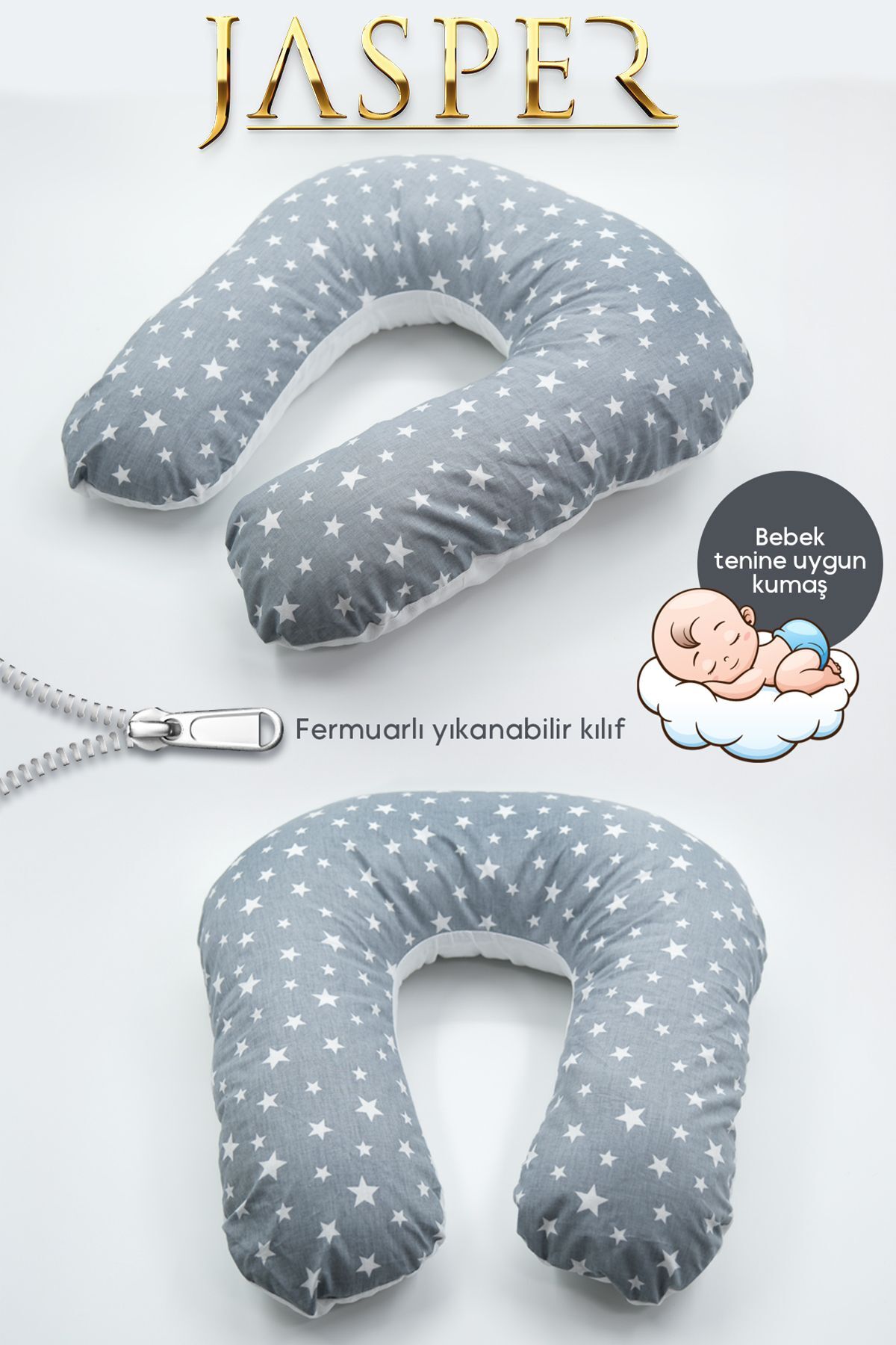 JASPER Çift Taraflı Fermuarlı Yıkanabilir Emzirme Yastığı Yıldız Desenli Bebek Destek Minderi