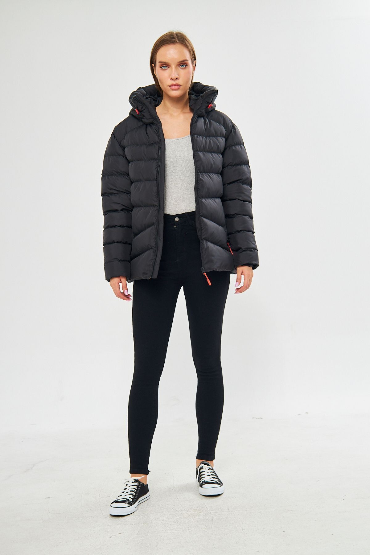 D1fference-Black Hooded Windproof Puffer Winter Jacket - Women 3