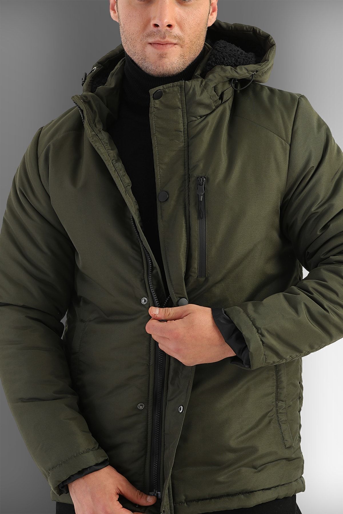 D1fference-Pánske športové zimné kabáty, kabáty a parky s kapucňou a kapucňou v Khaki Outlet 2