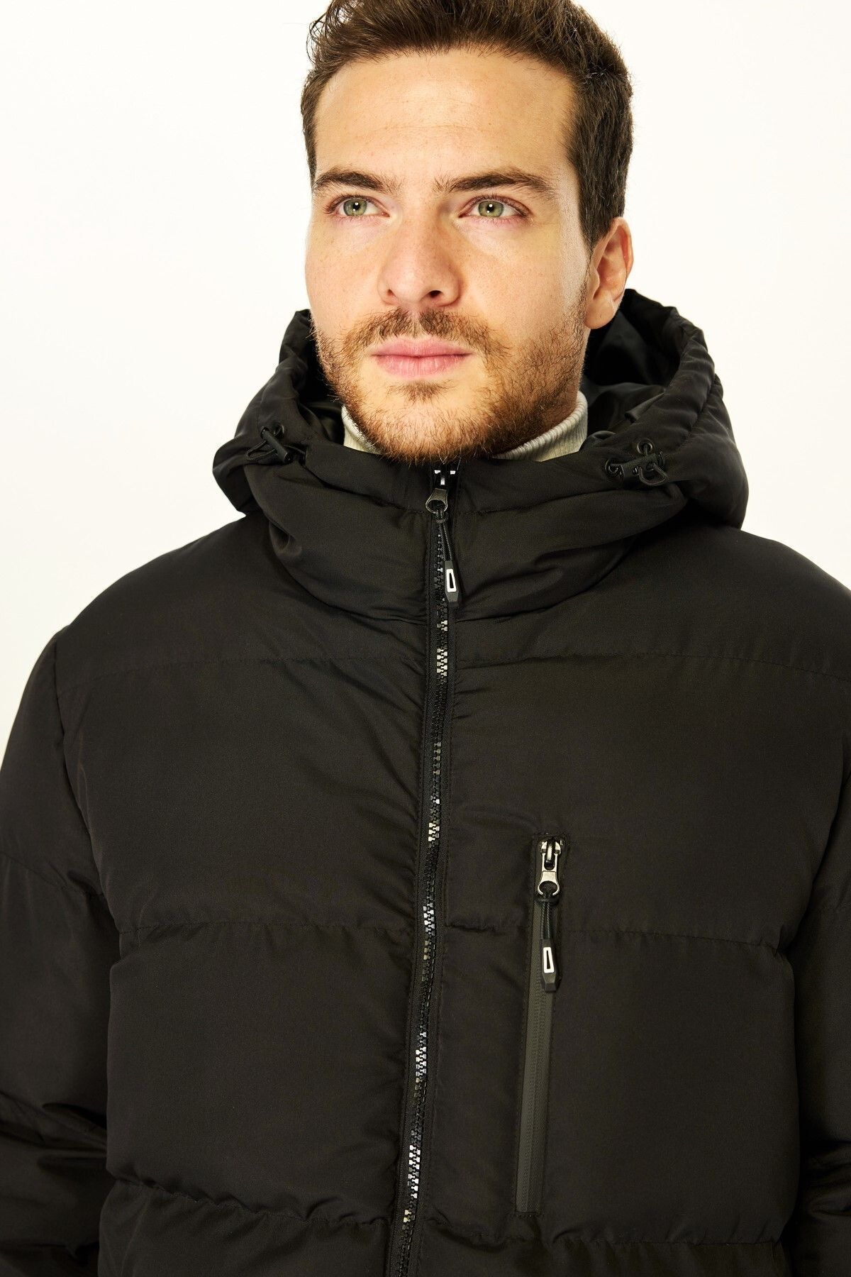 D1fference-Schwarzer Puffer-Parka für Herren – mit Kapuze, Faserfüllung, winddichter Mantel 5