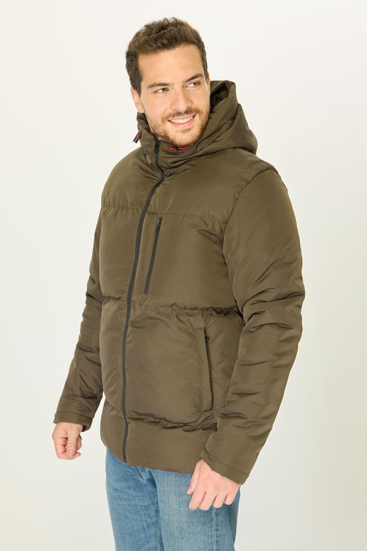 D1fference-Men's Khaki Thick Lined Hooded Inflatable Sports Winter Coat 3