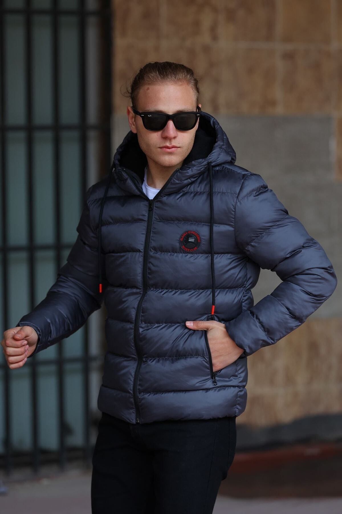 RİVERCLUP Erkek Antrasit Elyaflı Su Ve Rüzgar Geçirmez Kapüşonlu Kışlık Şişme Spor Mont