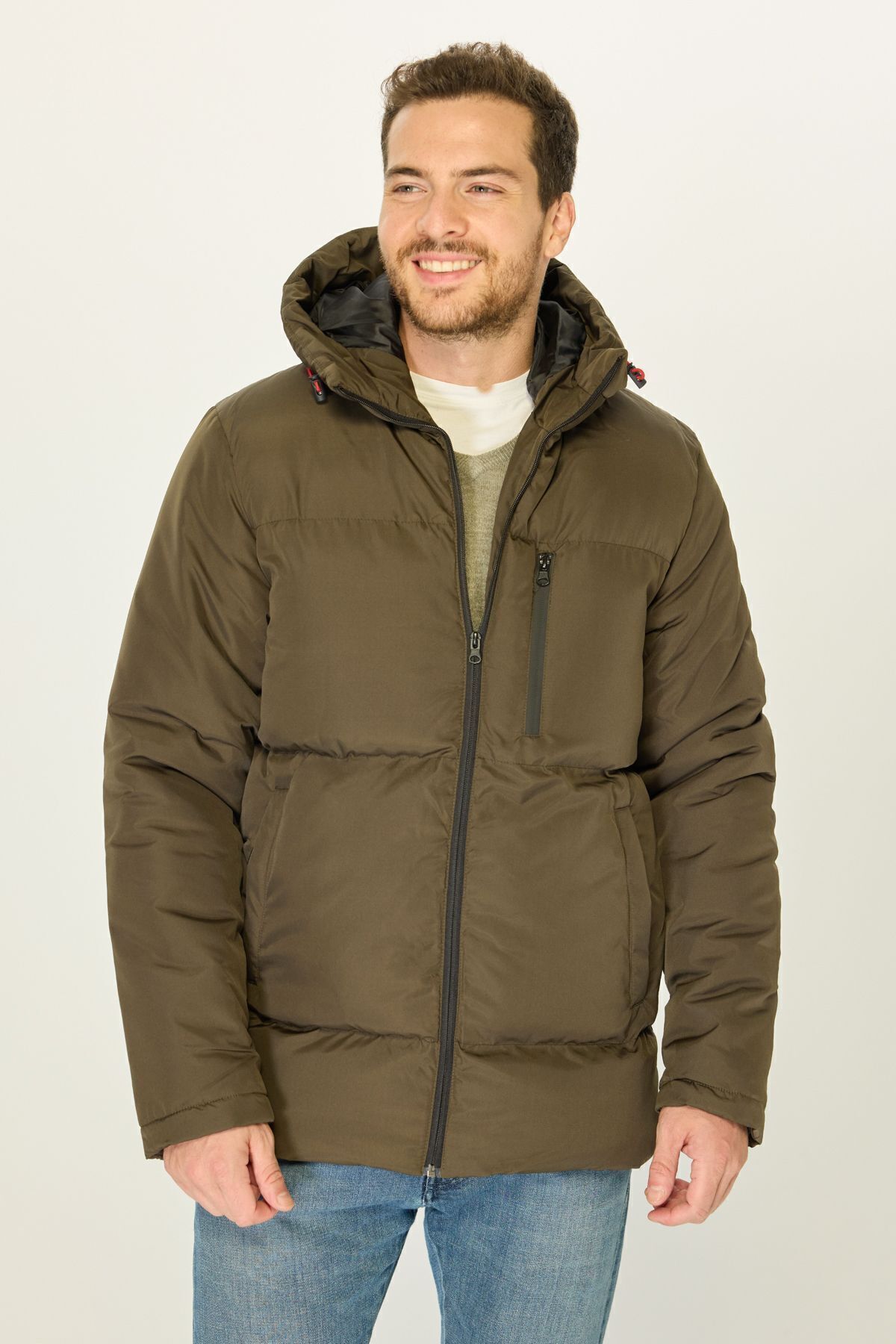D1fference-Men's Khaki Thick Lined Hooded Inflatable Sports Winter Coat 2