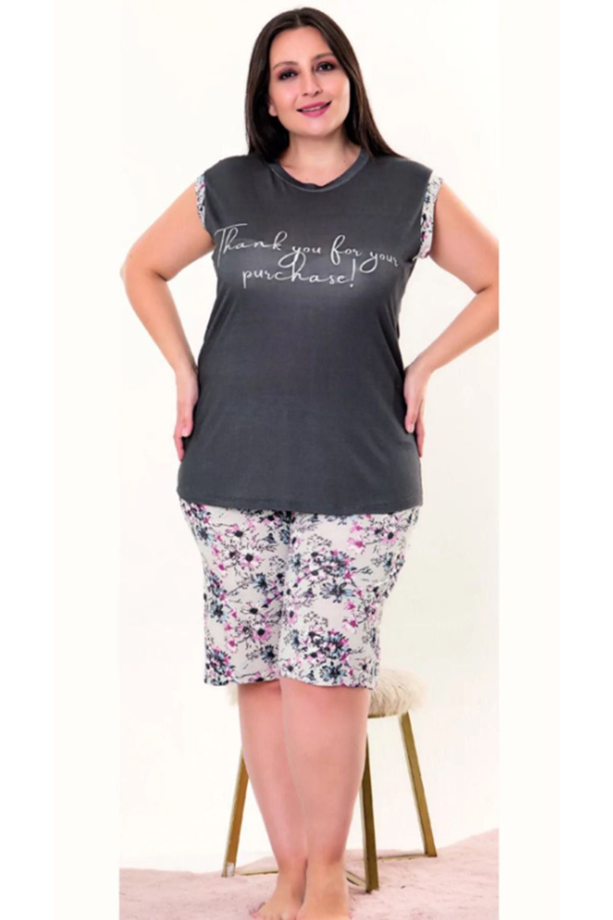 Cooqpoo Set Pantaloni Scurți Fără Mâneci, Gri Alb, Floral, Mărimea 2xl-3xl-4xl Femeie - 3XL