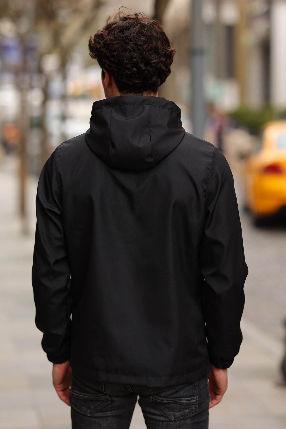 RİVERCLUP-Schwarz gefütterter Herren-Regenmantel mit Kapuze und Tasche – Windjacke 5