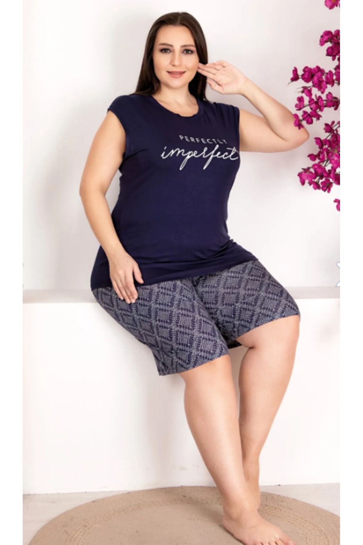 Cooqpoo Costum Cu Pantaloni Scurți Fără Mâneci Cu Imprimeu Bleumarin Mărimea 2xl-3xl-4xl Femeie - 4XL